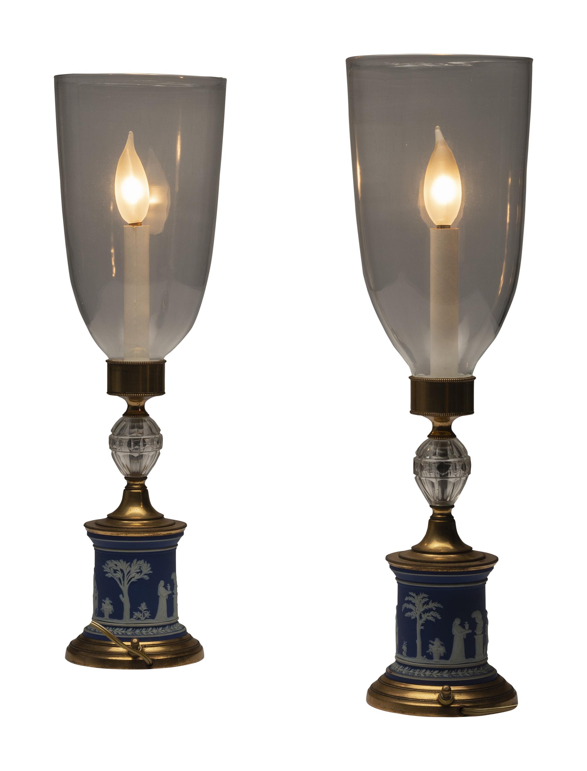 A Pair of Jasperware-Mounted Brass and Glass Hurricane Lamps