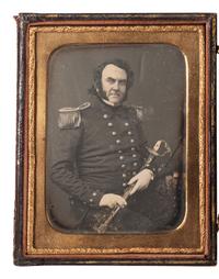[MEXICAN WAR]. Quarter plate daguerreotype portrait of Thompson Darrah Shaw, USN, with sword presented to him for gallantry at Veracruz, 1847.