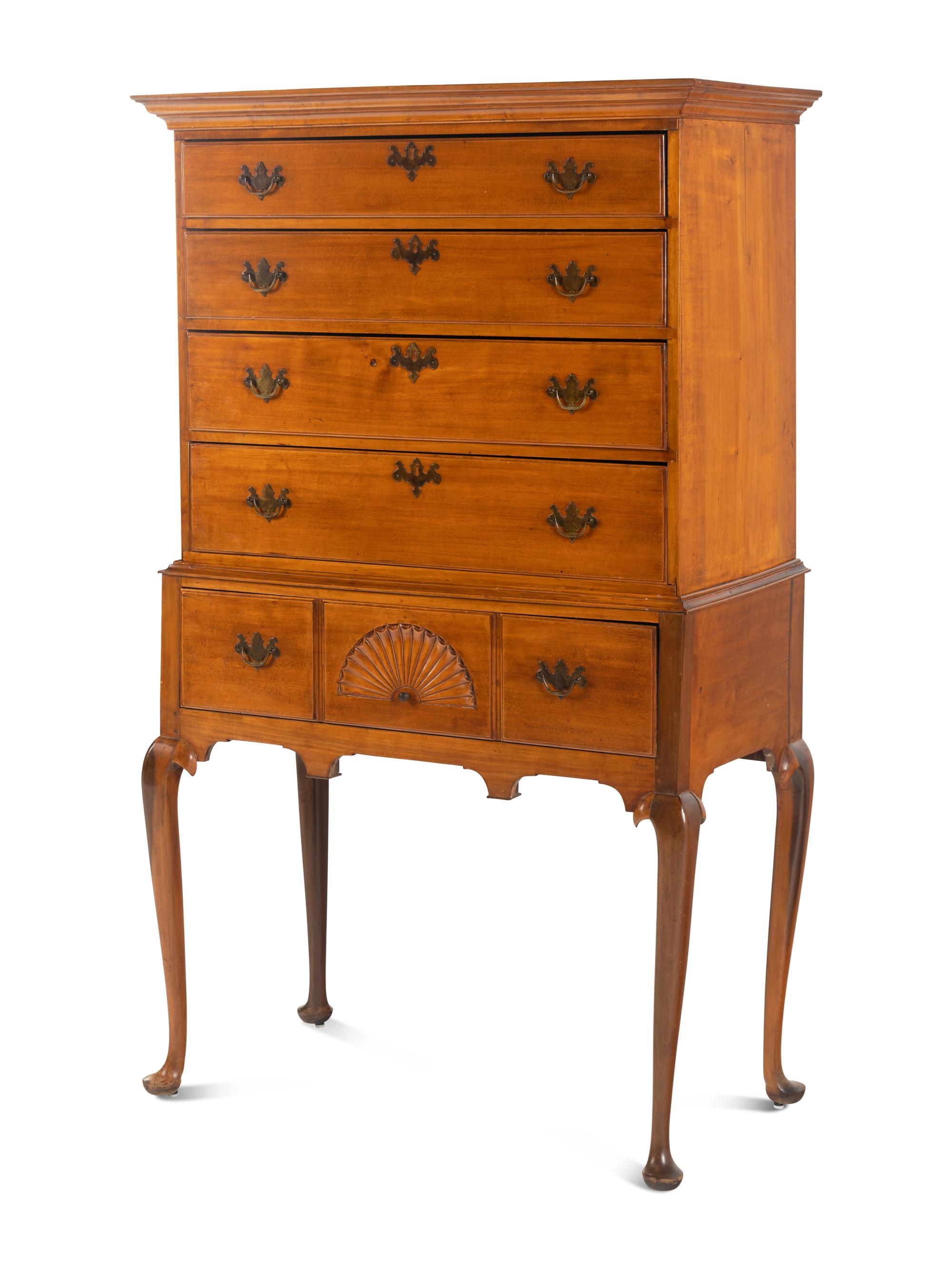 A Queen Anne Fan-Carved Cherrywood Flat-Top High Chest