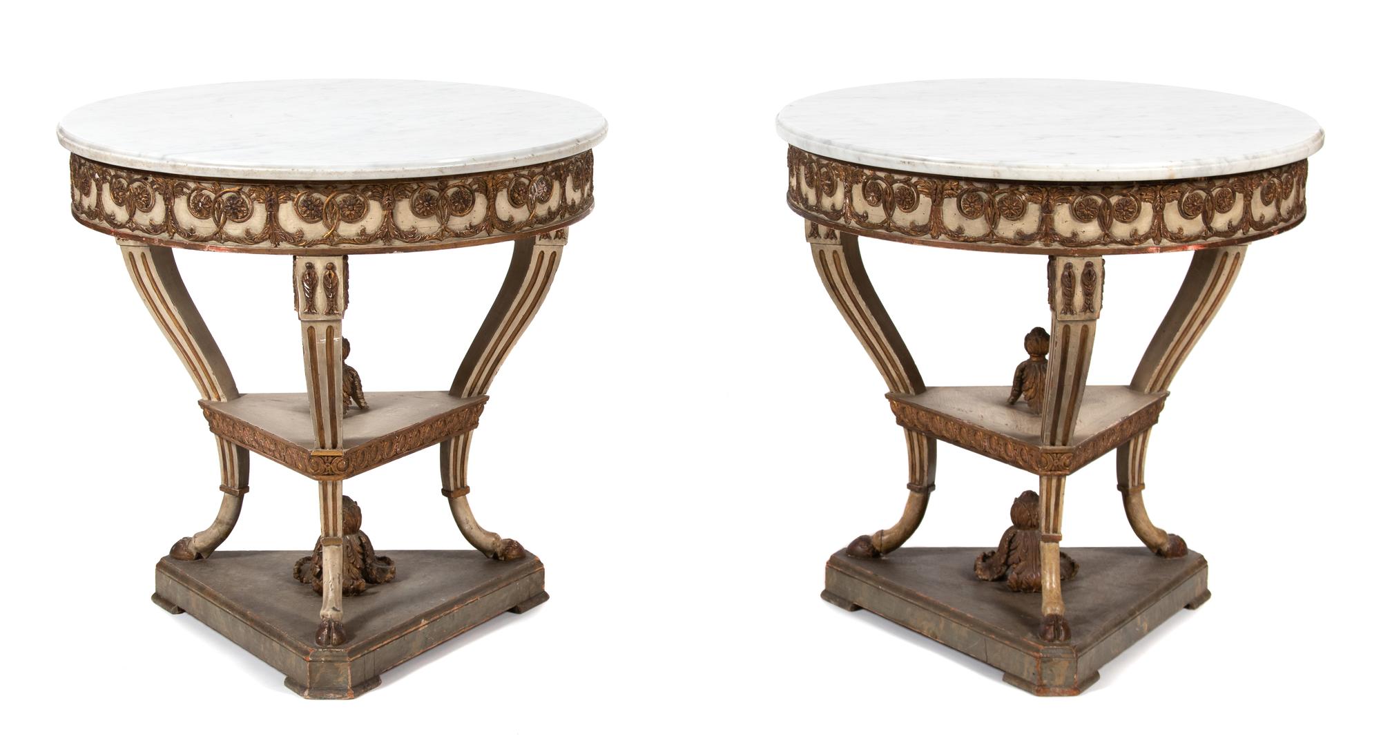 A Pair of Italian/Louis XV Style Marble Top Round Tables Height 29 x diameter 30 inches. — 20TH CENTURY