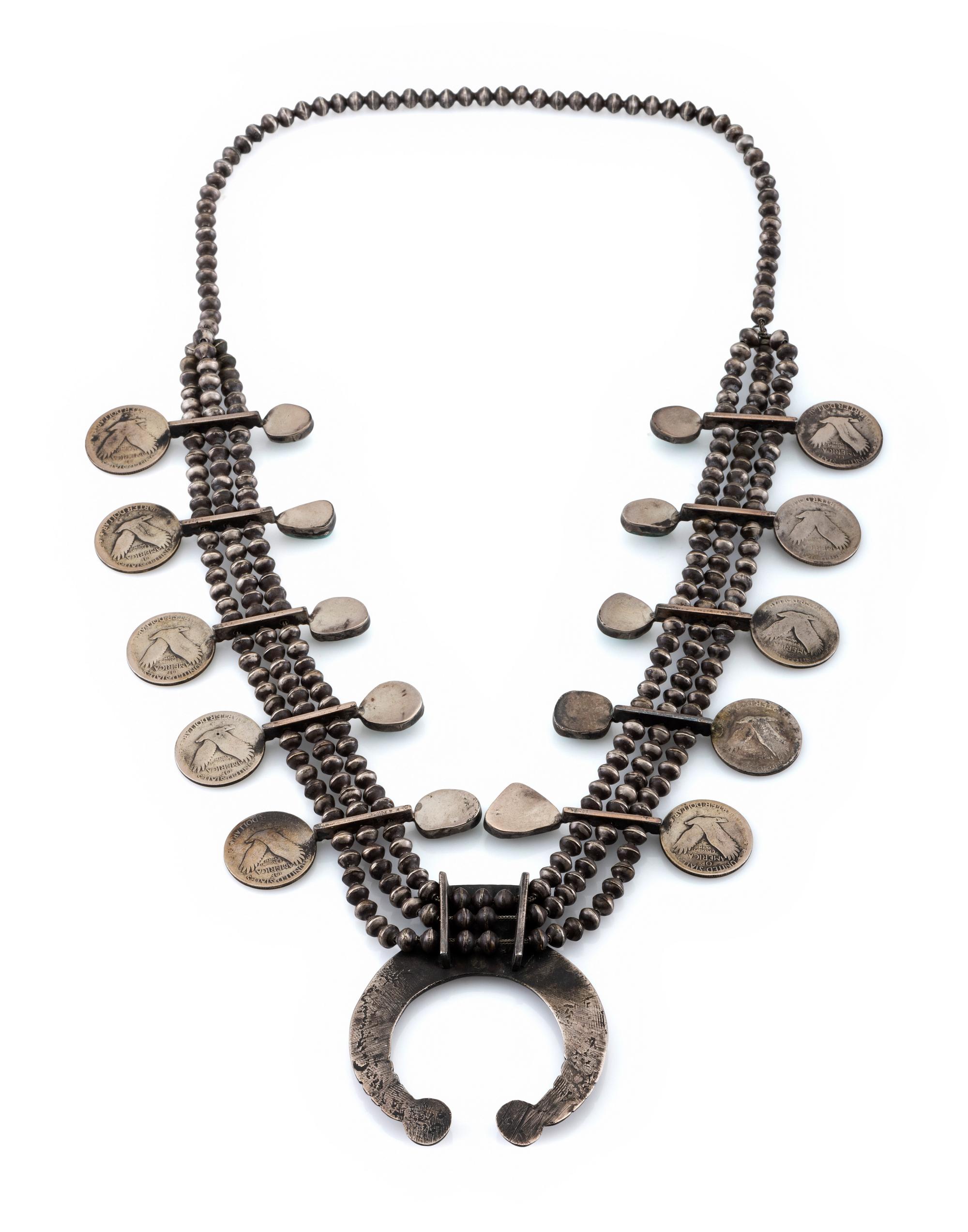 Navajo Silver and Turquoise Squash Blossom Necklace
