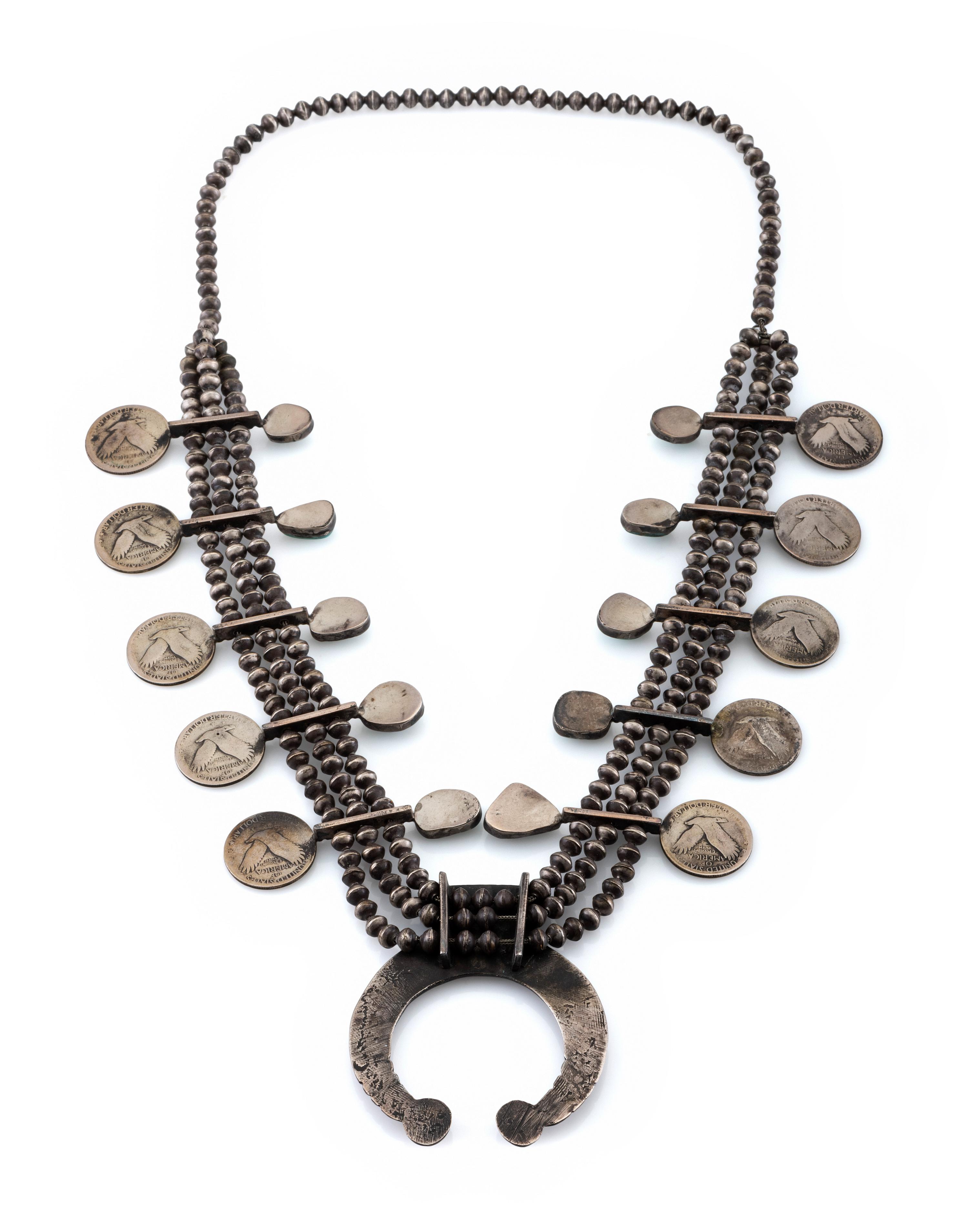 Navajo Silver and Turquoise Squash Blossom Necklace