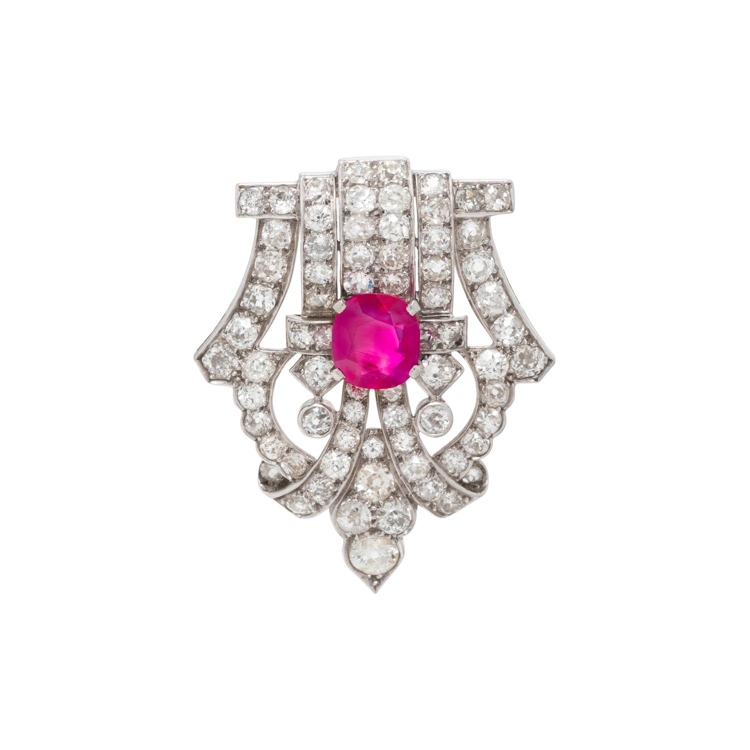 ART DECO, RUBY AND DIAMOND BROOCH
