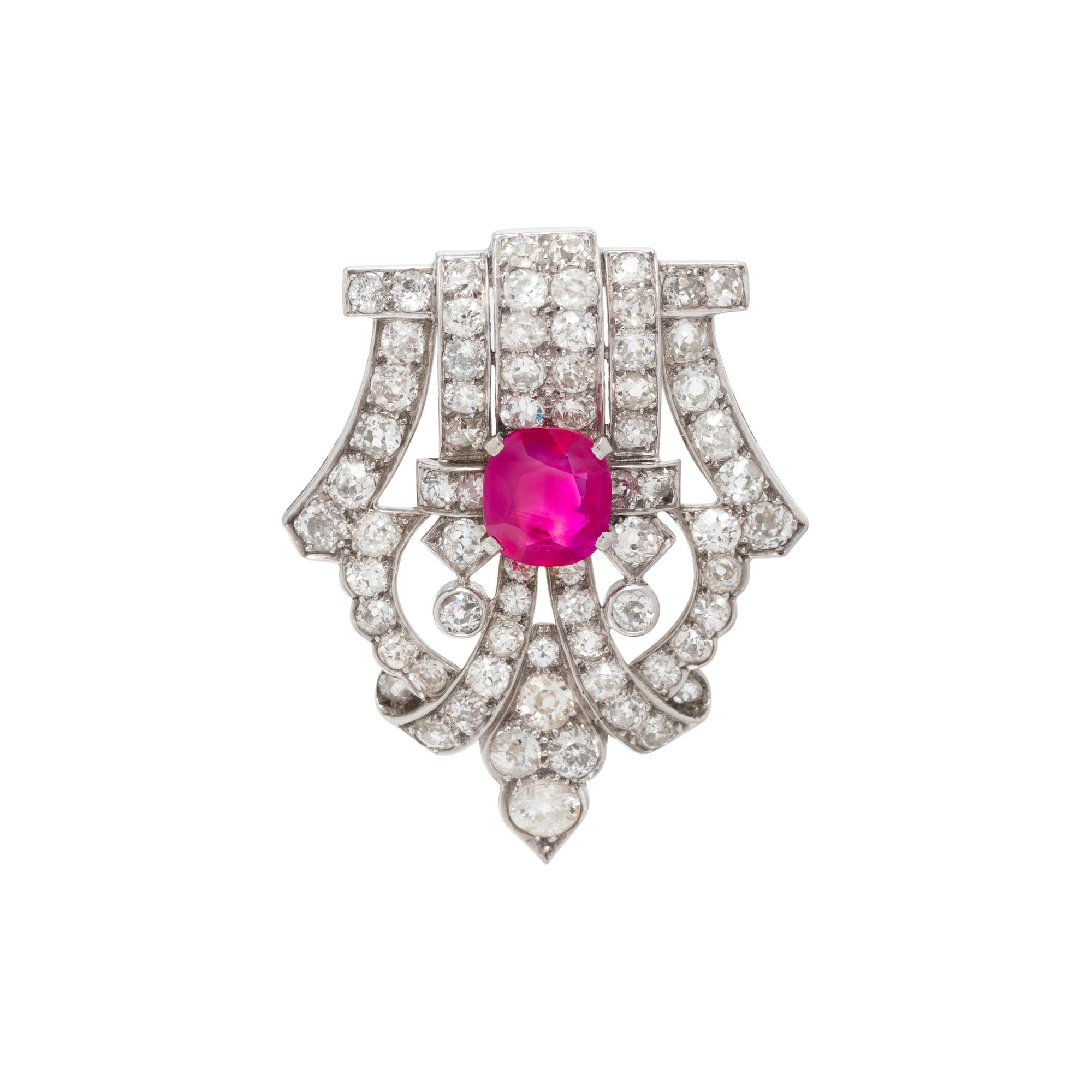 ART DECO, RUBY AND DIAMOND BROOCH