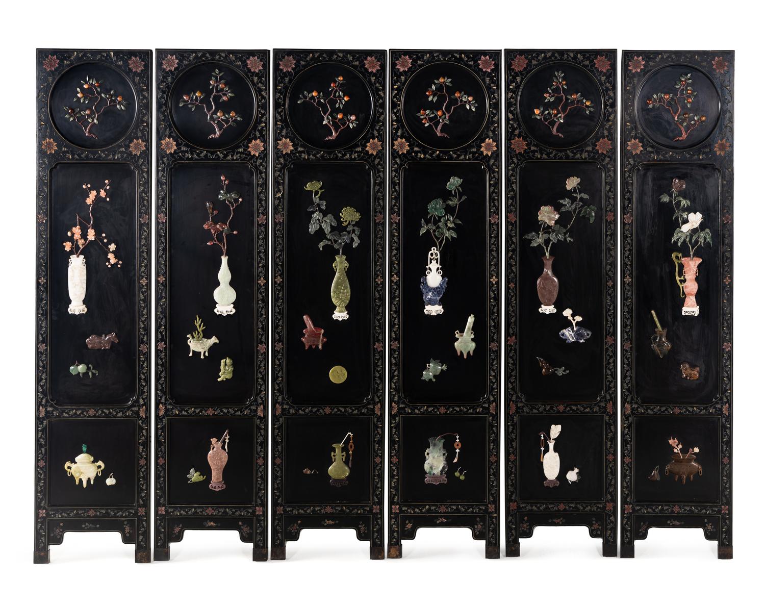 A Chinese Hardstone Embellished and Black Lacquered Six-Panel Floor Screen