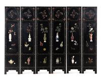 A Chinese Hardstone Embellished and Black Lacquered Six-Panel Floor Screen