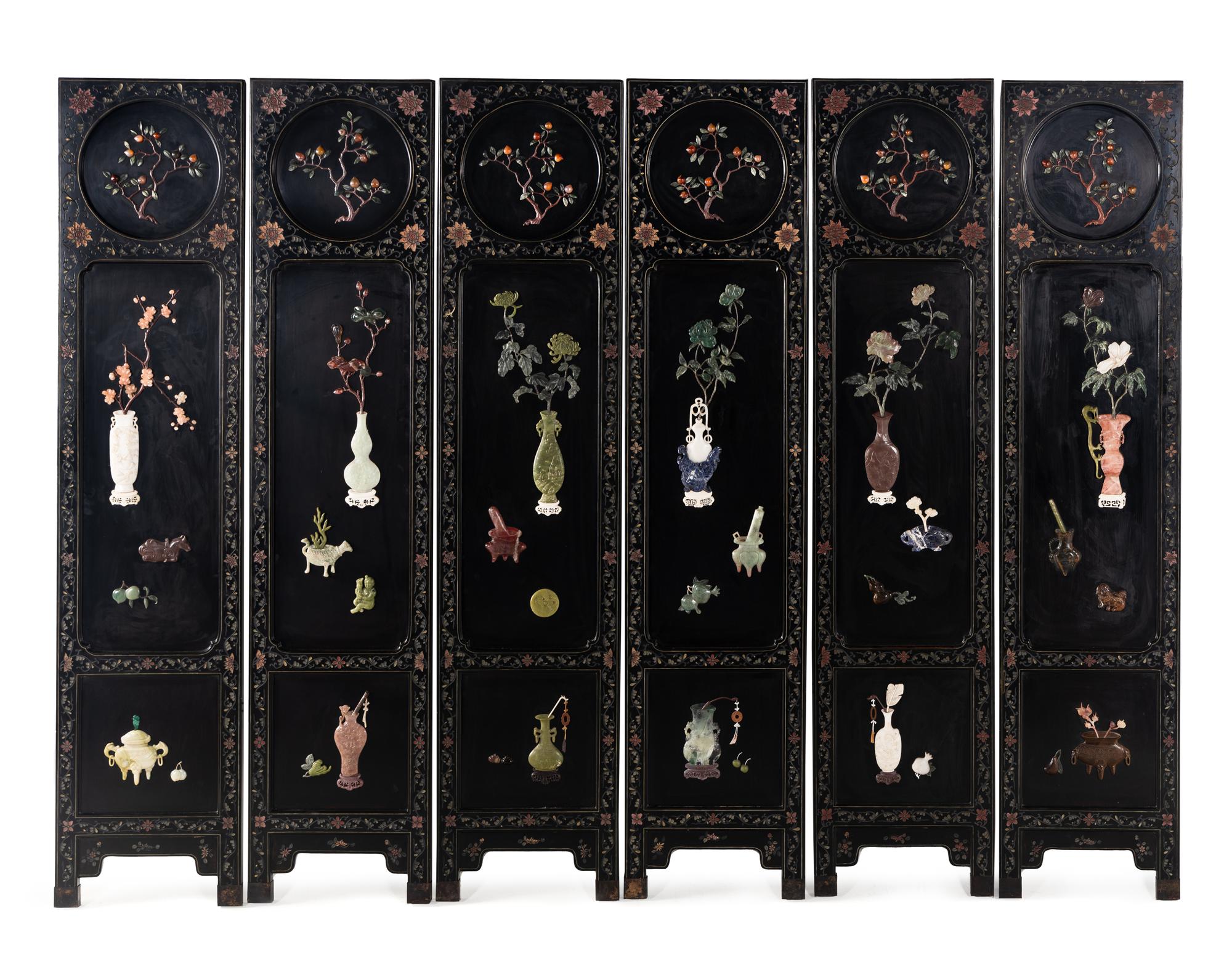 A Chinese Hardstone Embellished and Black Lacquered Six-Panel Floor Screen