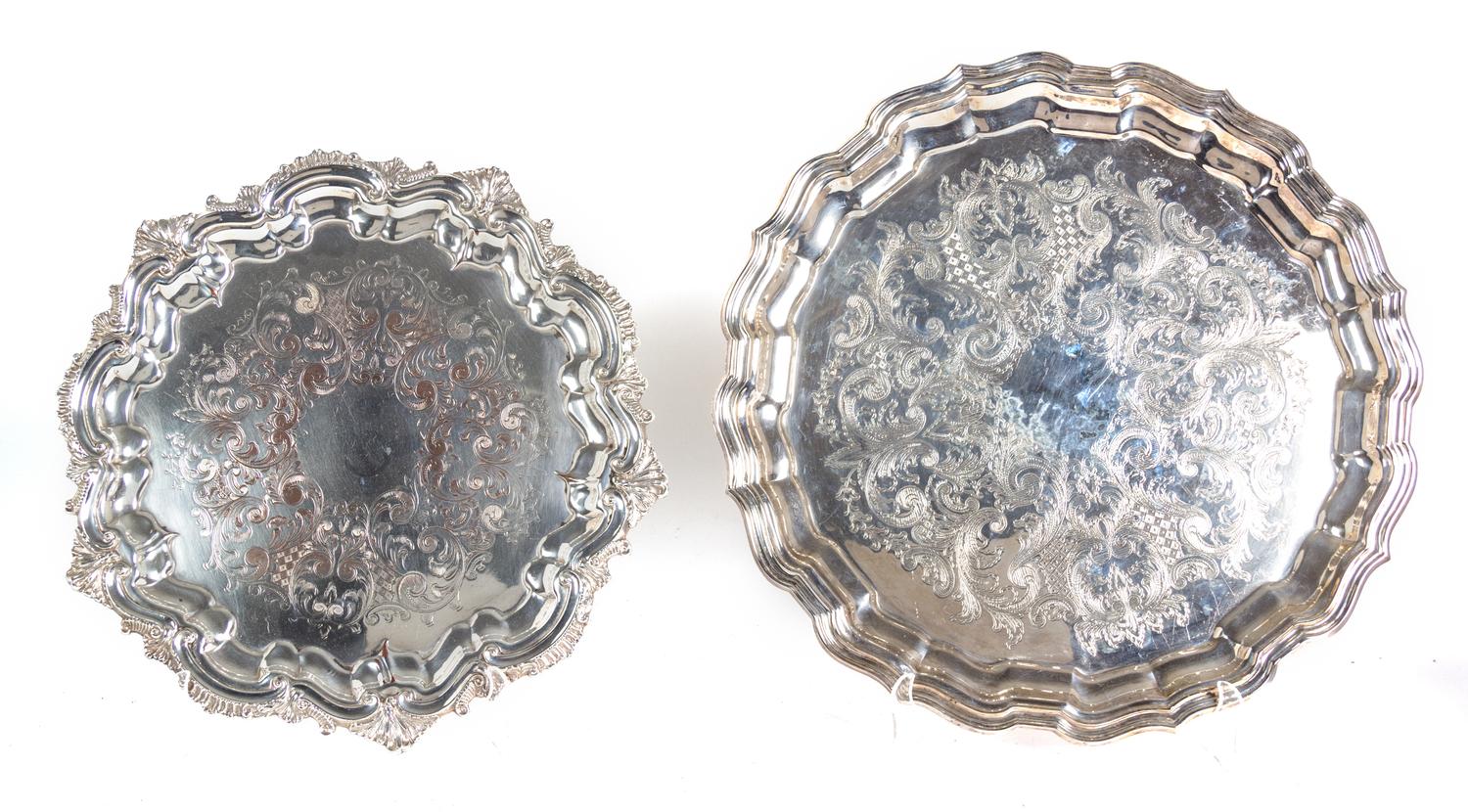 Eight Miscellaneous Silverplate Serving Trays Largest, length over handles 26 1/2 inches.