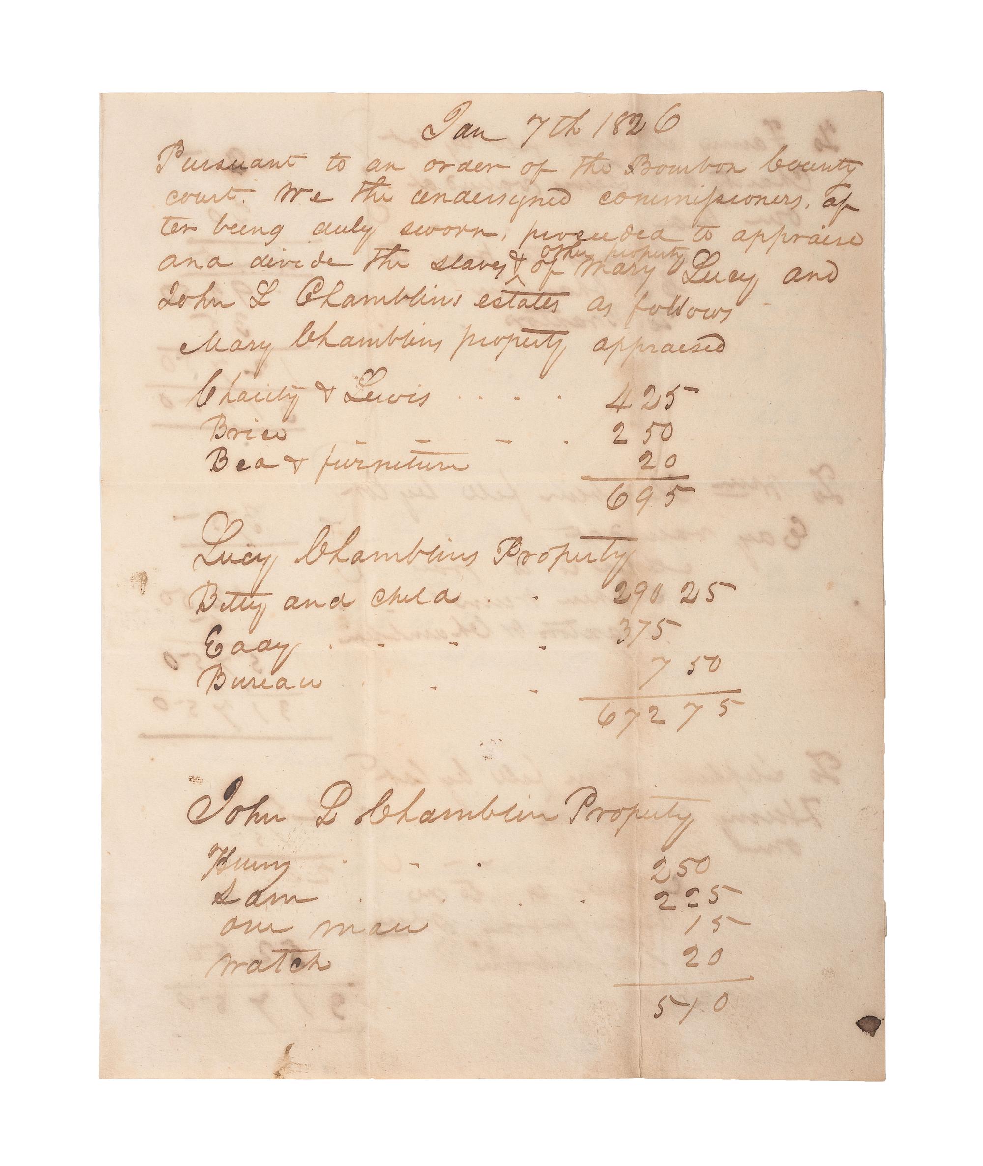 [SLAVERY & ABOLITION]. A group of 9 documents related to the enslavement of individuals in Bourbon County, Kentucky, incl. estate appraisement of a horse breeder who enslaved six people.