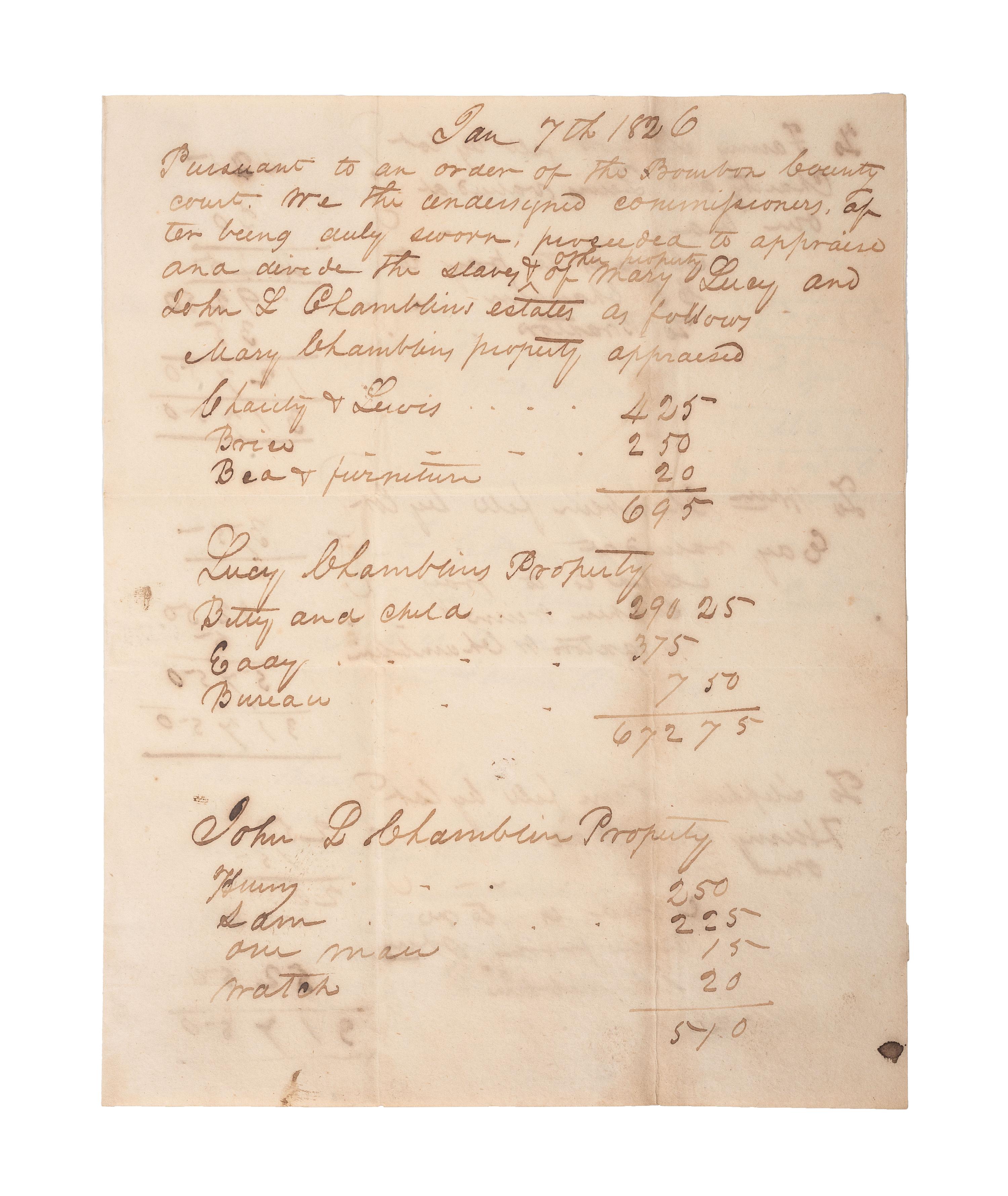 [SLAVERY & ABOLITION]. A group of 9 documents related to the enslavement of individuals in Bourbon County, Kentucky, incl. estate appraisement of a horse breeder who enslaved six people.