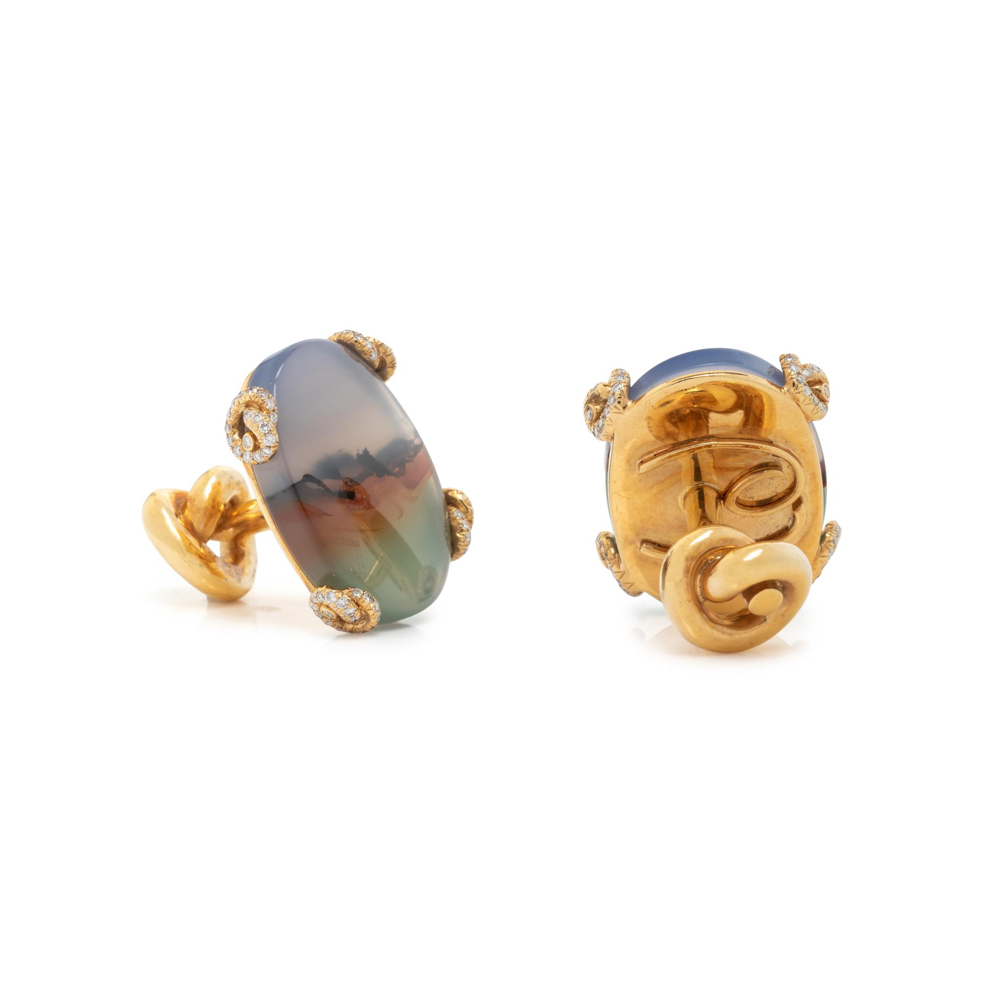 YELLOW GOLD, HARDSTONE, AND DIAMOND CUFFLINKS