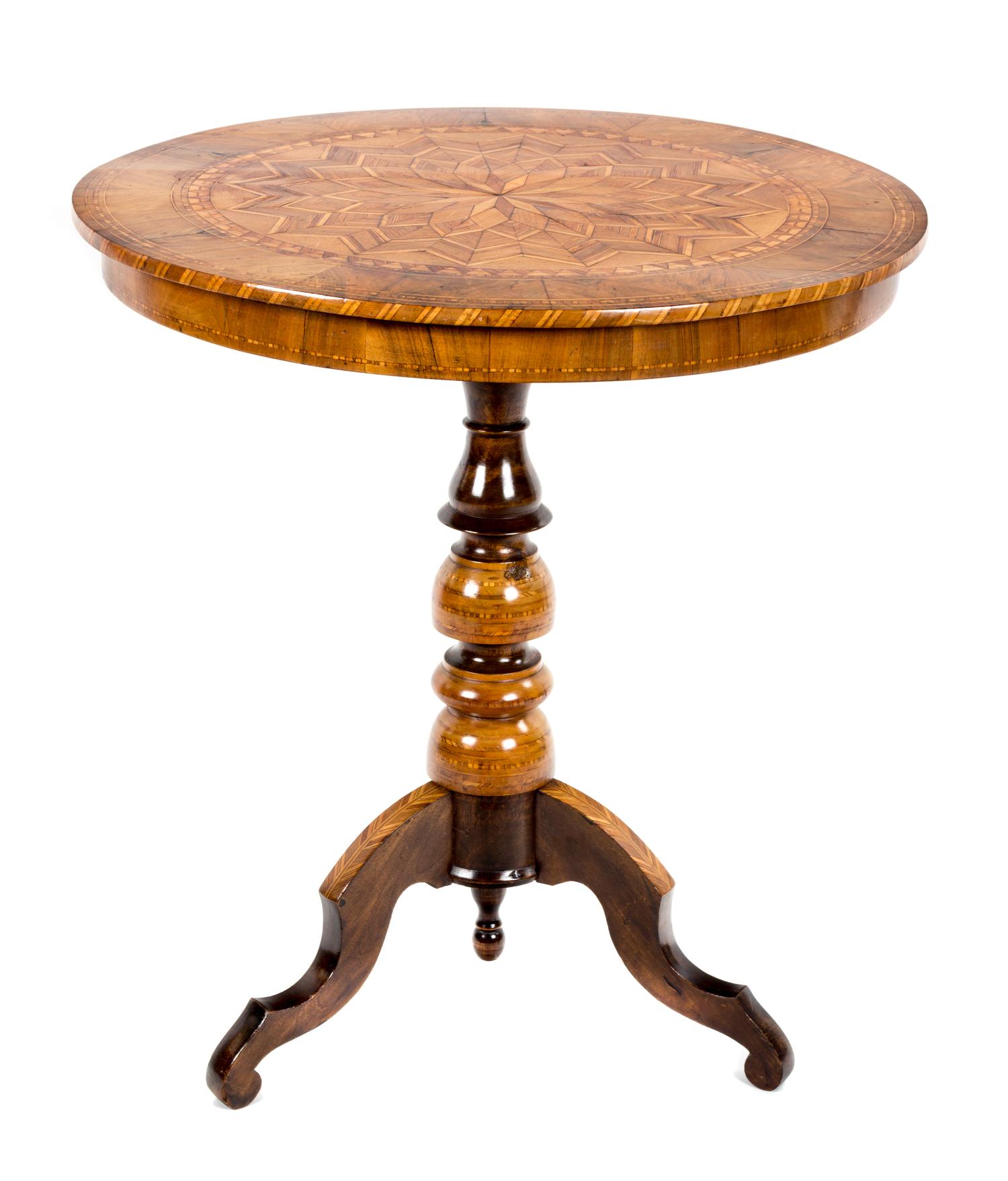 An Italian Walnut and Parquetry and Occasional Table Height 29 3/4 x diameter 27 1/2 inches. — SORRENTO, POSSIBLY 19TH CENTURY