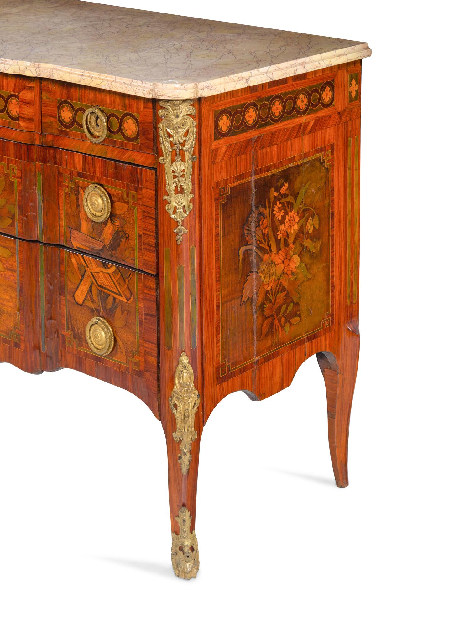 A Louis XV/XVI Transitional Style Gilt Metal Mounted and Sans Traverse Marquetry Marble-Top Commode