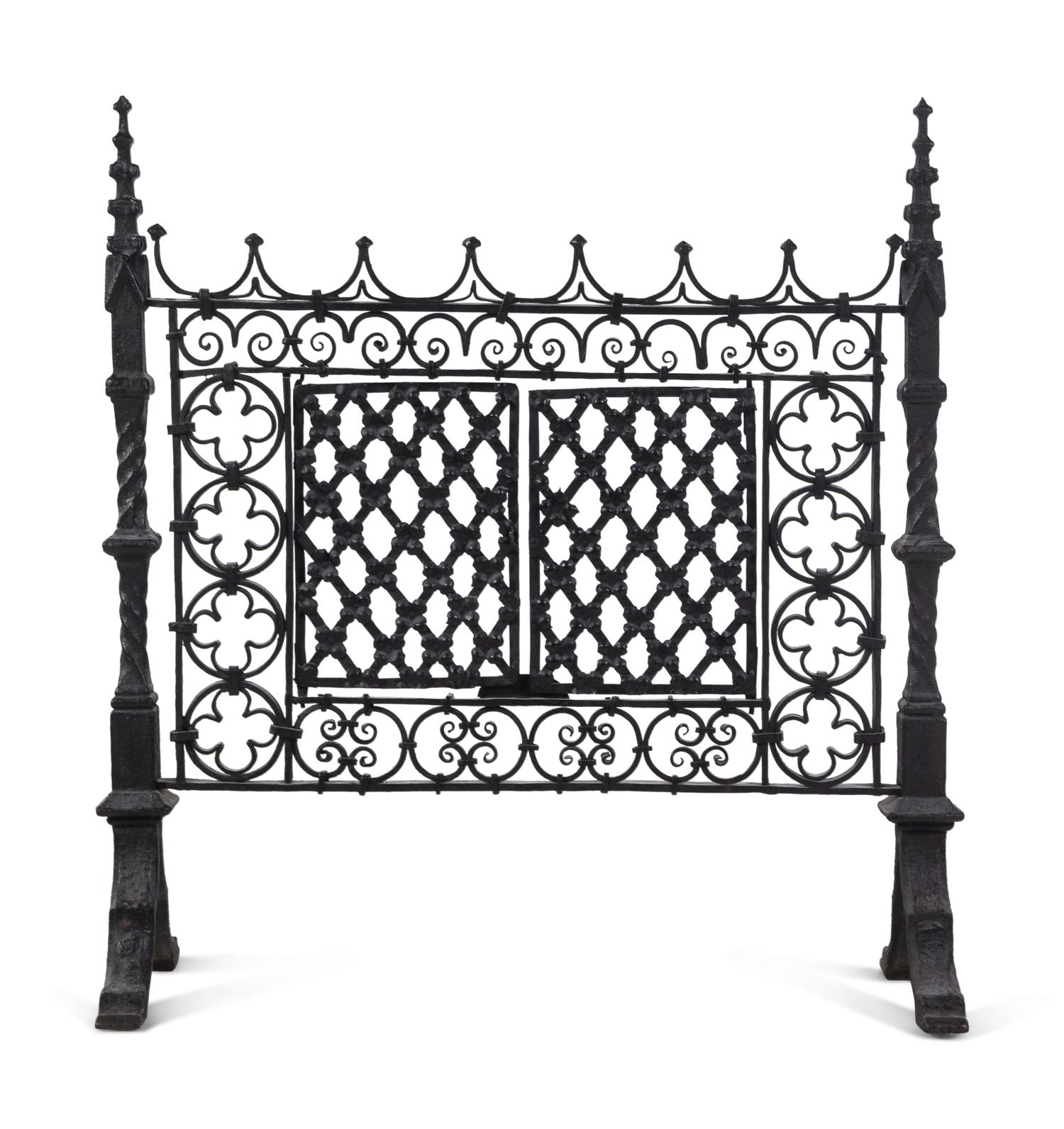 A Gothic Style Black Painted Wrought and Cast Iron Fire Screen