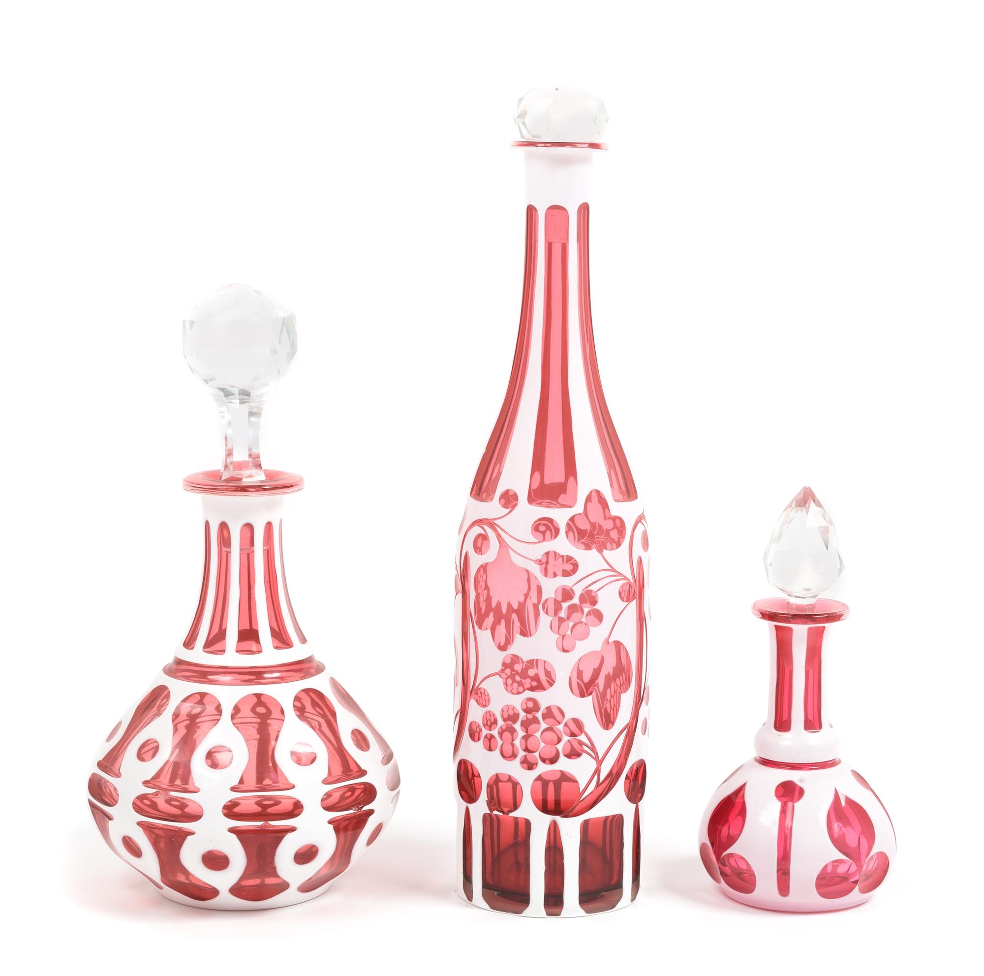 Three Bohemian Cased Glass Bottles Height of tallest 12 3/4 inches