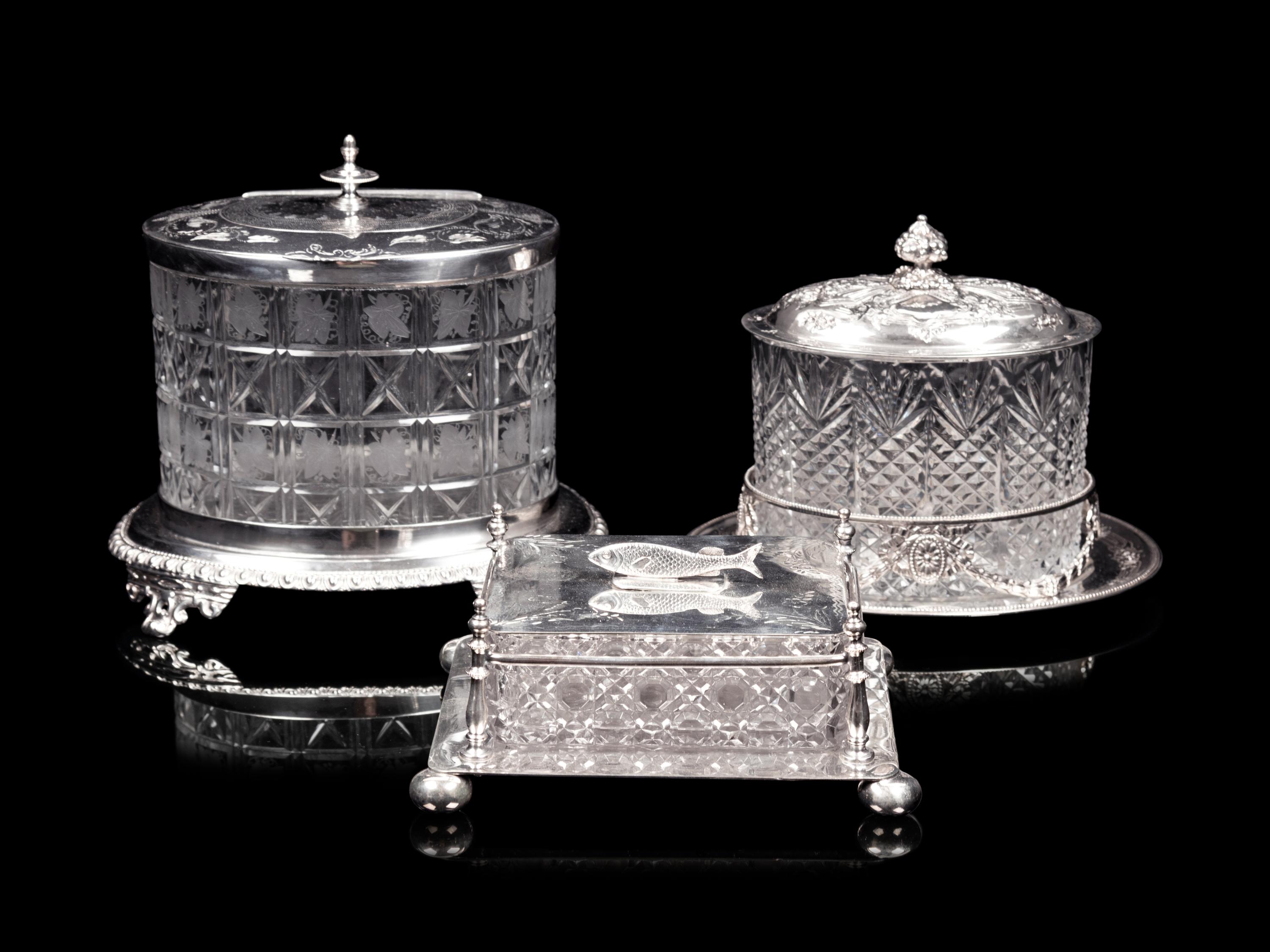 Two English Silver-Plate and Cut Glass Biscuit Jars and A Similar Sardine Box