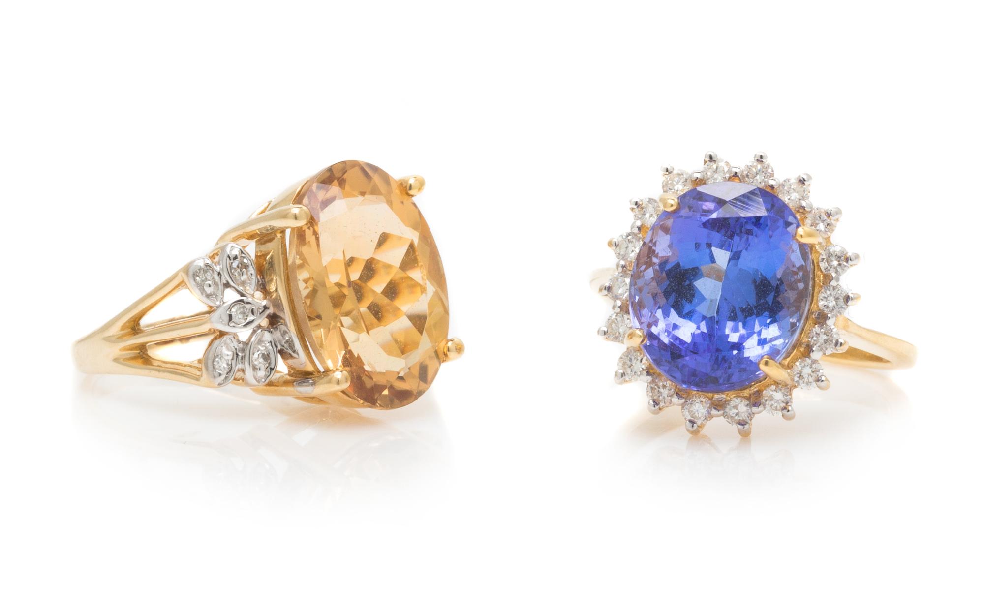 A Collection of Yellow Gold, Diamond and Gemstone Rings, 7.80 dwts.