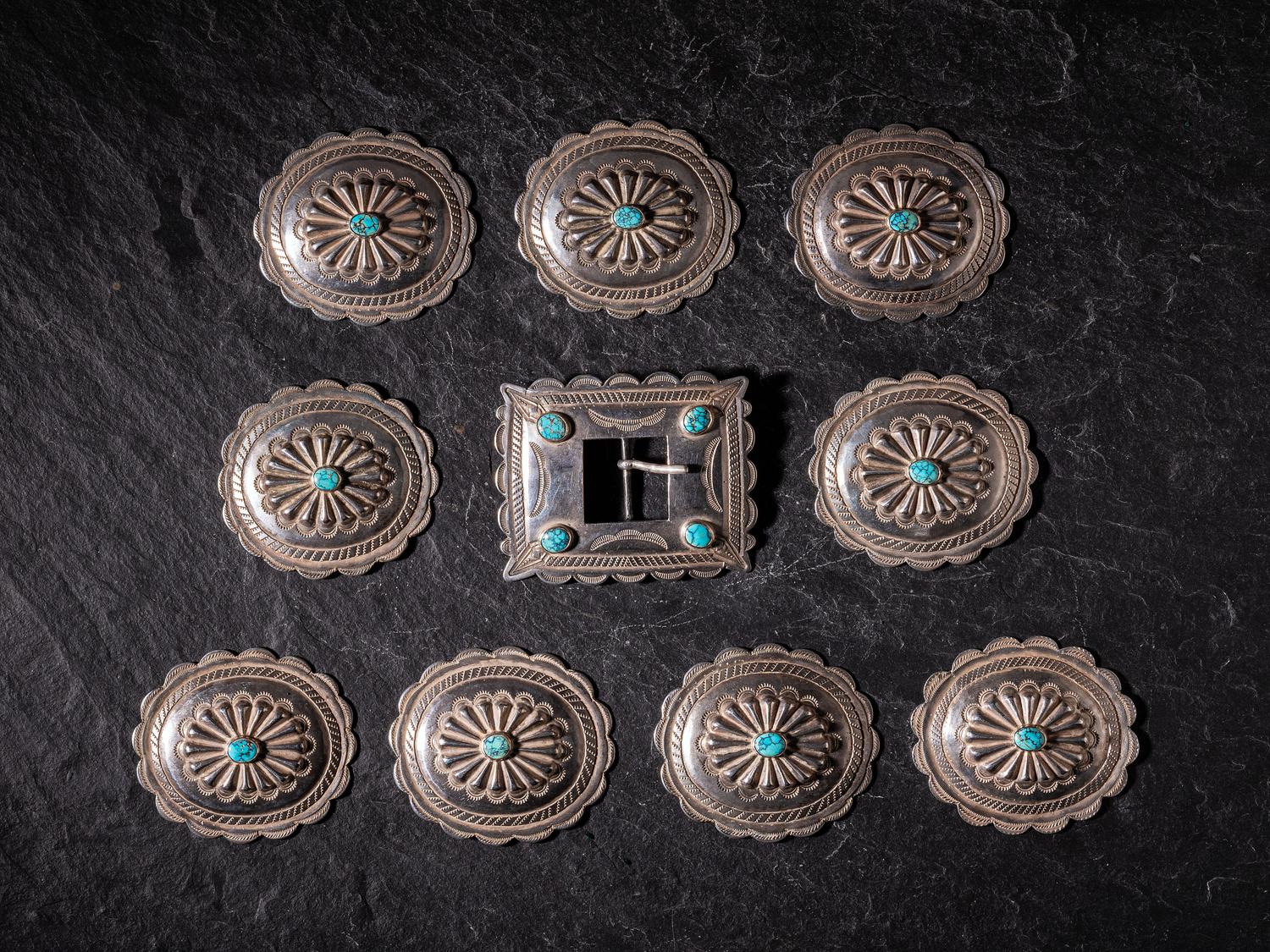 Navajo Silver and Turquoise Conchas and Belt Buckle