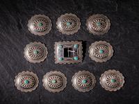 Navajo Silver and Turquoise Conchas and Belt Buckle