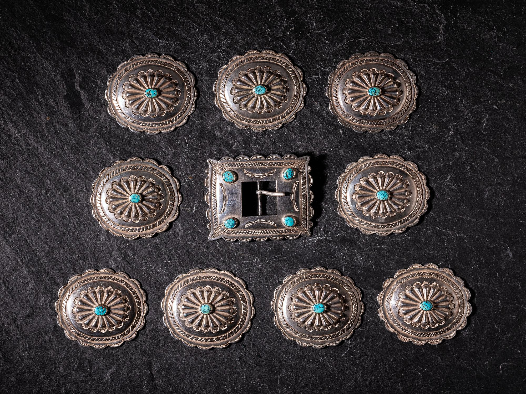 Navajo Silver and Turquoise Conchas and Belt Buckle