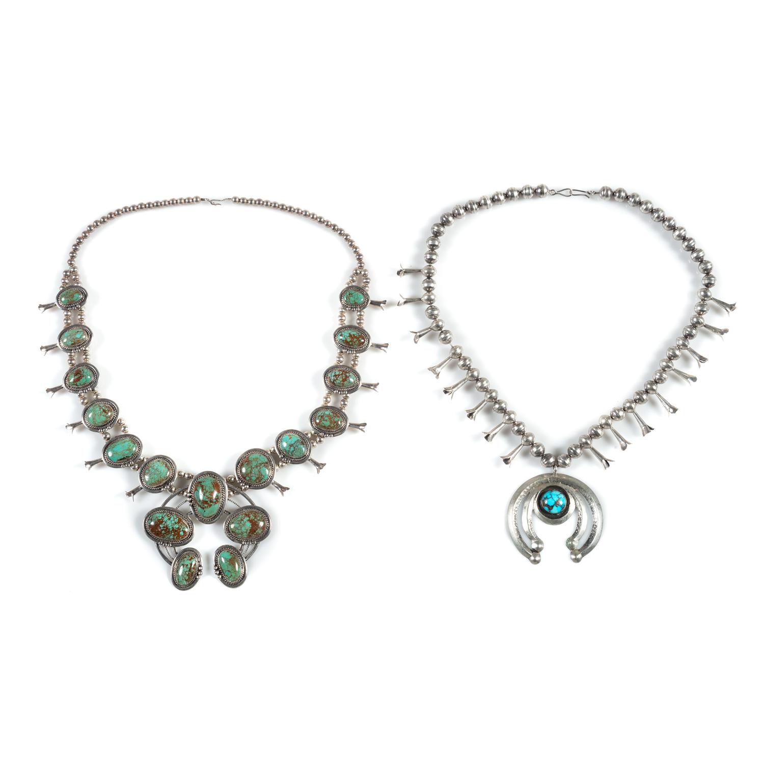 Pair of Navajo Silver and Turquoise Squash Blossom Necklaces