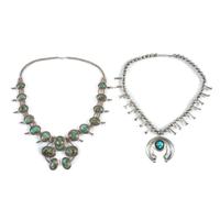 Pair of Navajo Silver and Turquoise Squash Blossom Necklaces