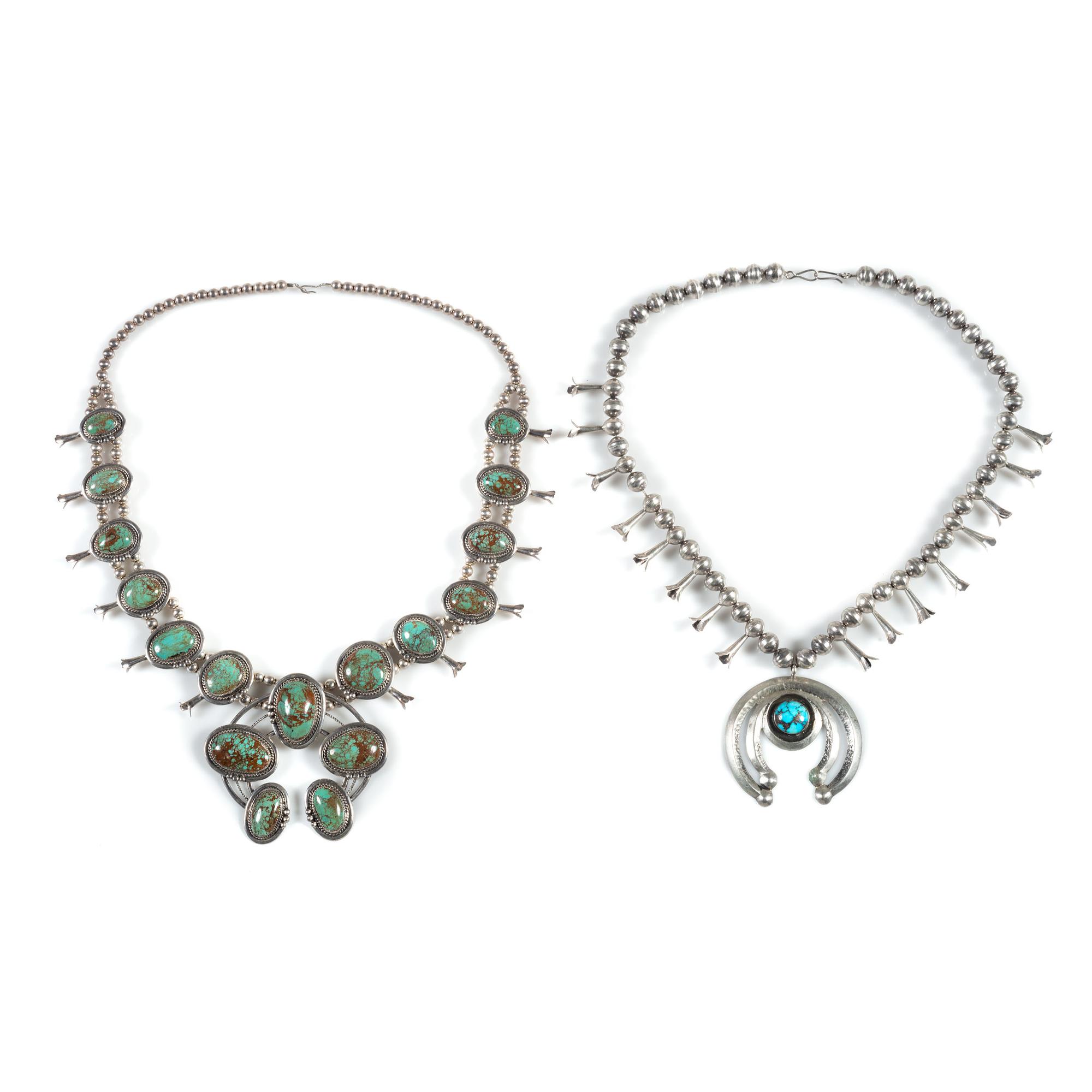 Pair of Navajo Silver and Turquoise Squash Blossom Necklaces