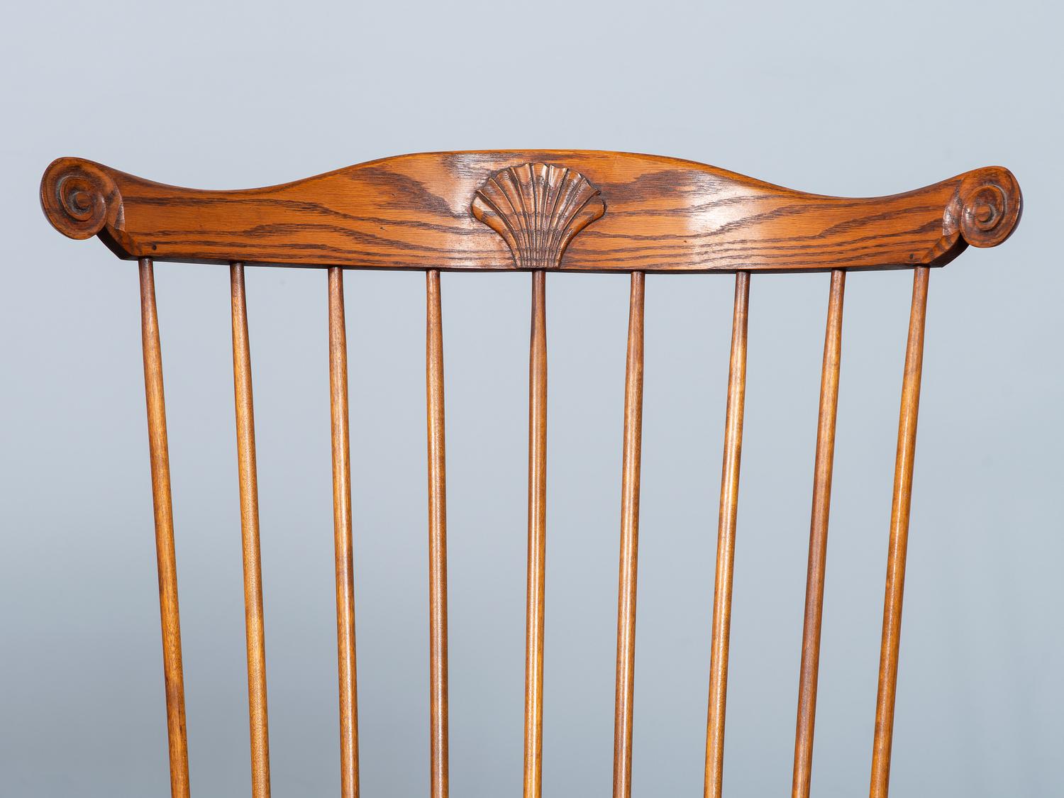 A D.R. Dimes Benchmark Turned and Volute Carved Tiger Maple and Pine Comb-Back Windsor Armchair