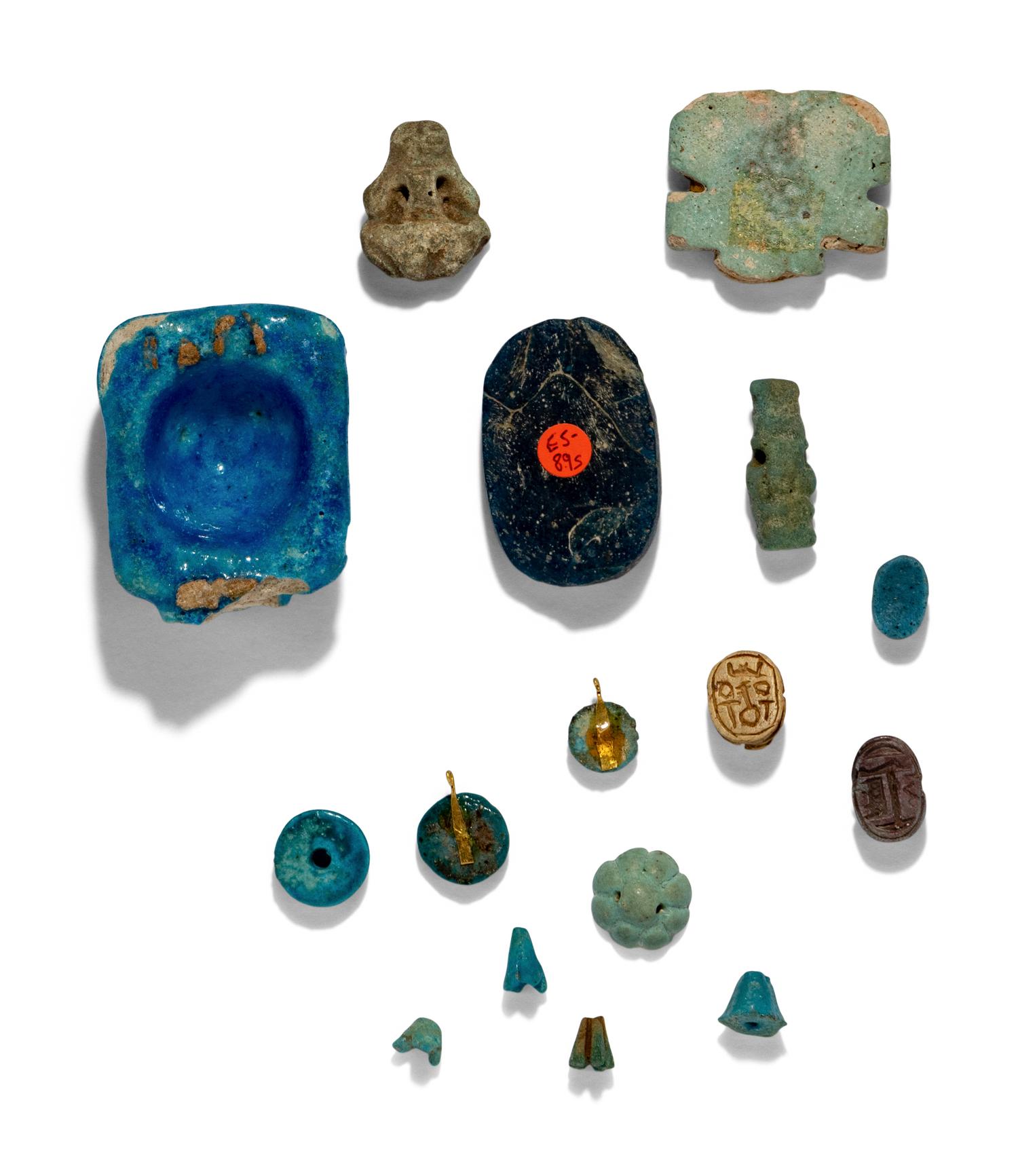 Seventeen Egyptian Faience, Stone, and Glass Objects