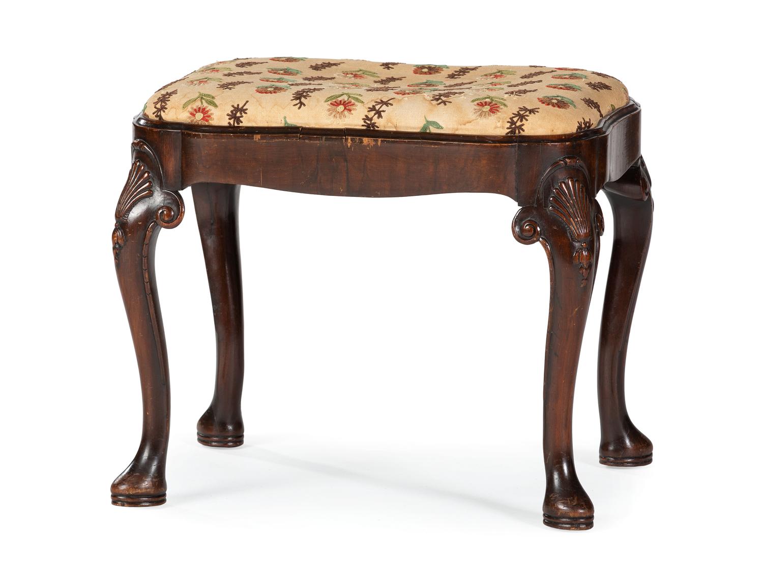 A Chippendale Style Mahogany Foot Stool with Embroidered Upholstery