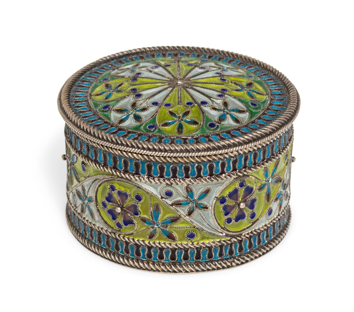 A Norwegian Plique a Jour Box, Marius Hammer, Bergen, 20th Century, of cylindrical form with polychrome floral decoration.