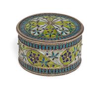 A Norwegian Plique a Jour Box, Marius Hammer, Bergen, 20th Century, of cylindrical form with polychrome floral decoration.