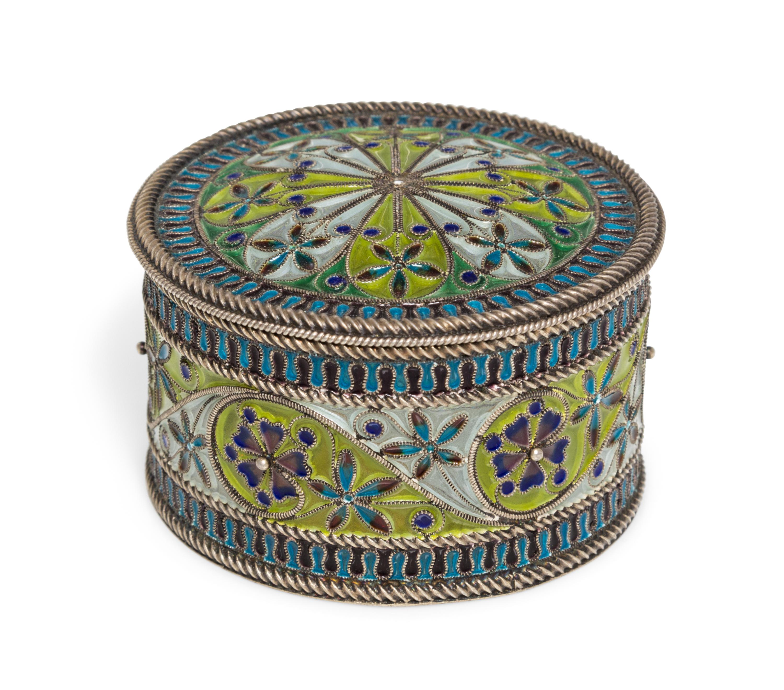 A Norwegian Plique a Jour Box, Marius Hammer, Bergen, 20th Century, of cylindrical form with polychrome floral decoration.