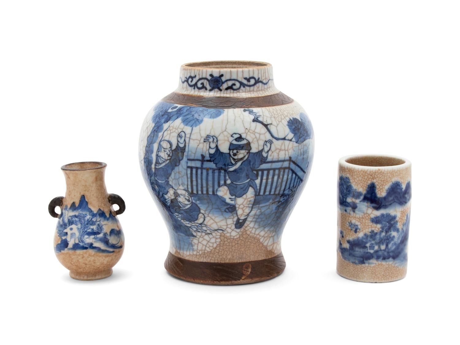 Three Chinese Blue and White Crackle Glaze Porcelain VasesT — 19TH CENTURY