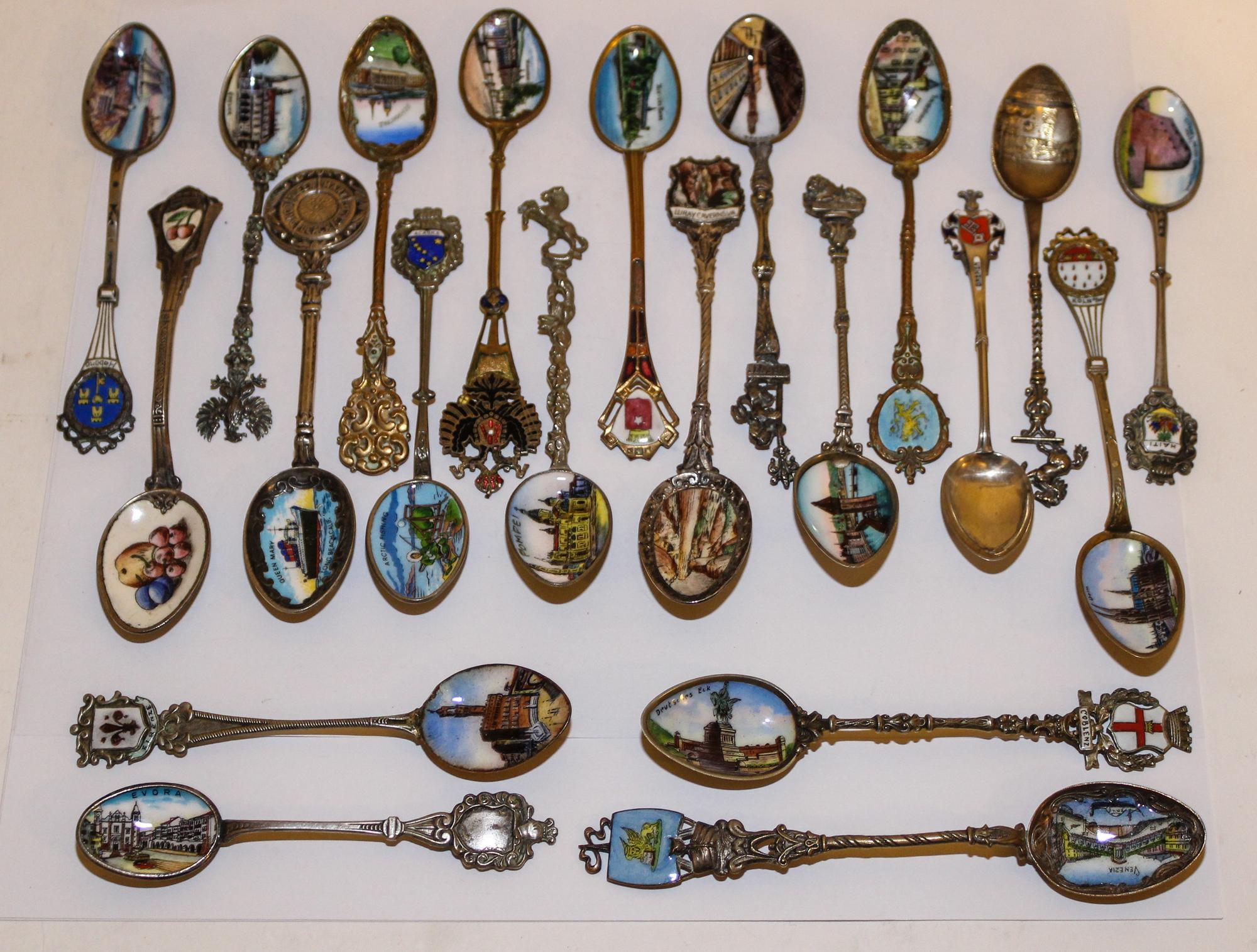 A Collection of Continental Enameled Silver, Silver-Plate and Pewter Souvenir Spoons, Various Makers, including examples depicting Ital