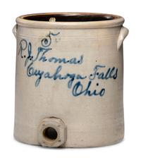 An R.J. Thomas Five-Gallon Script Stoneware Dispenser with Spigot