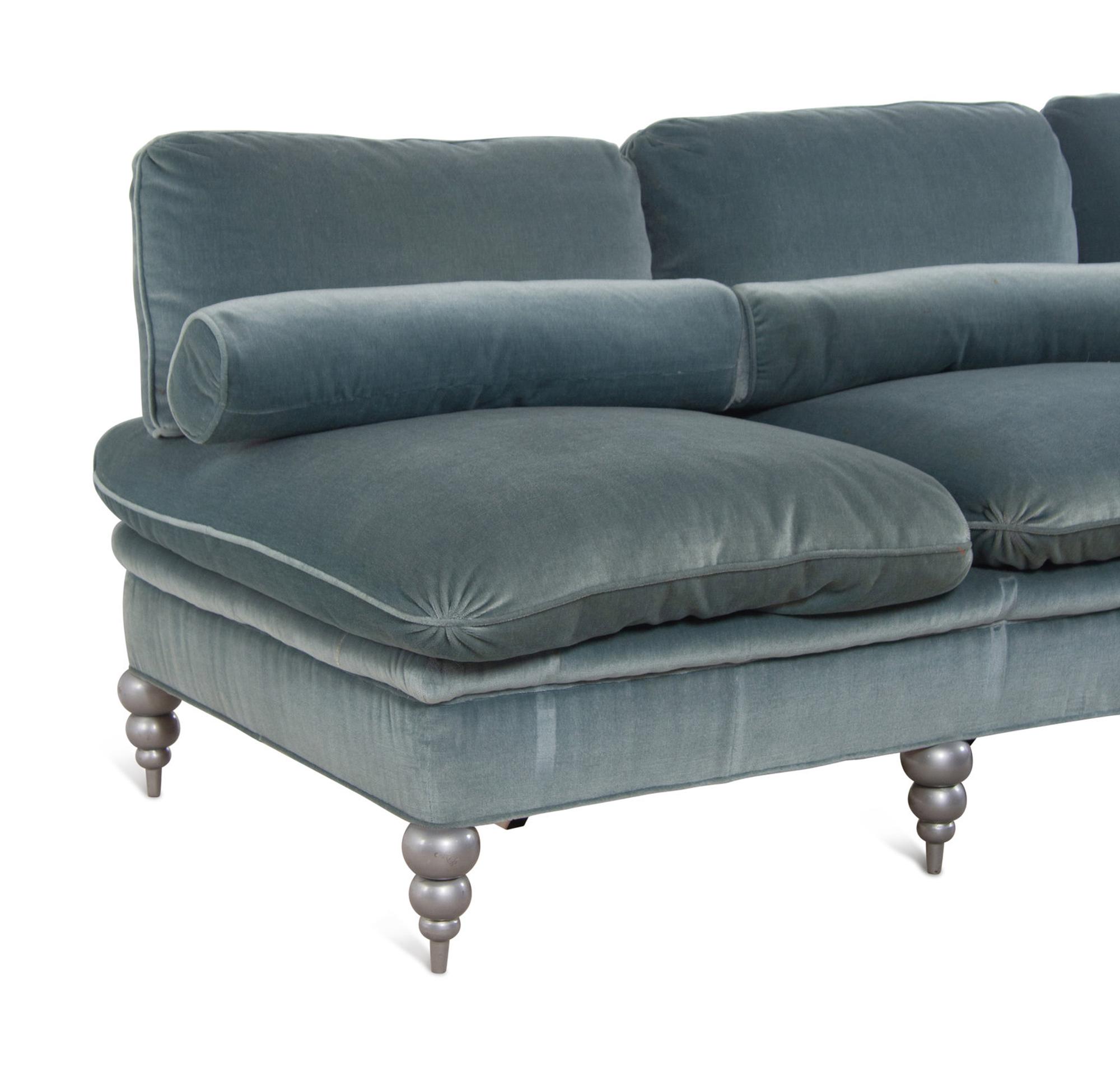 A Custom Velvet-Upholstered Three-Seat Banquette