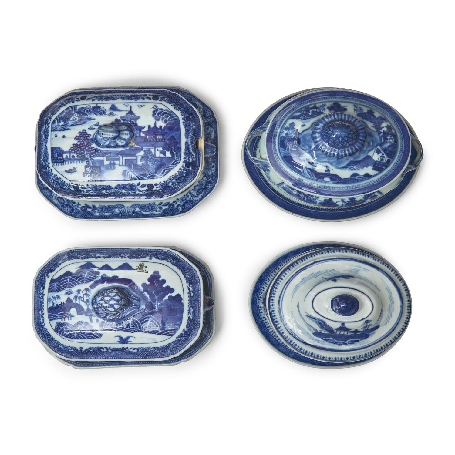 A Group of Four Chinese Export Porcelain Nanking Covered Sauce Tureens and Stands