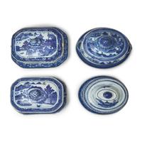 A Group of Four Chinese Export Porcelain Nanking Covered Sauce Tureens and Stands