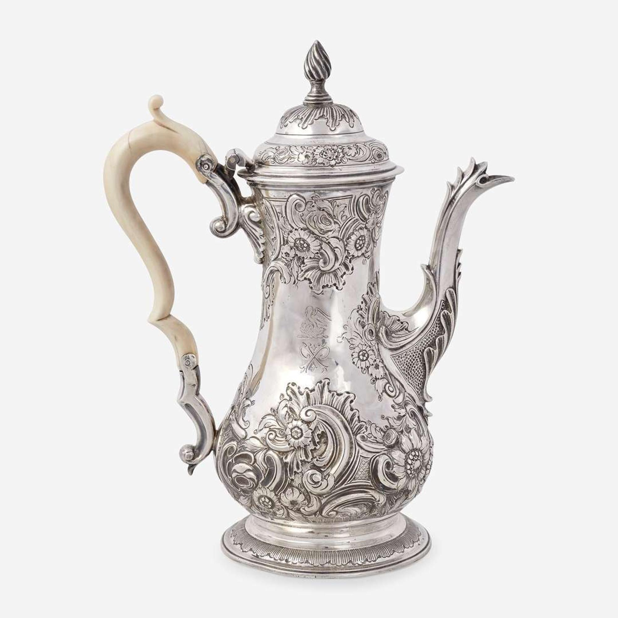A George III Sterling Silver Armorial Coffeepot Probably John King, London, 1768