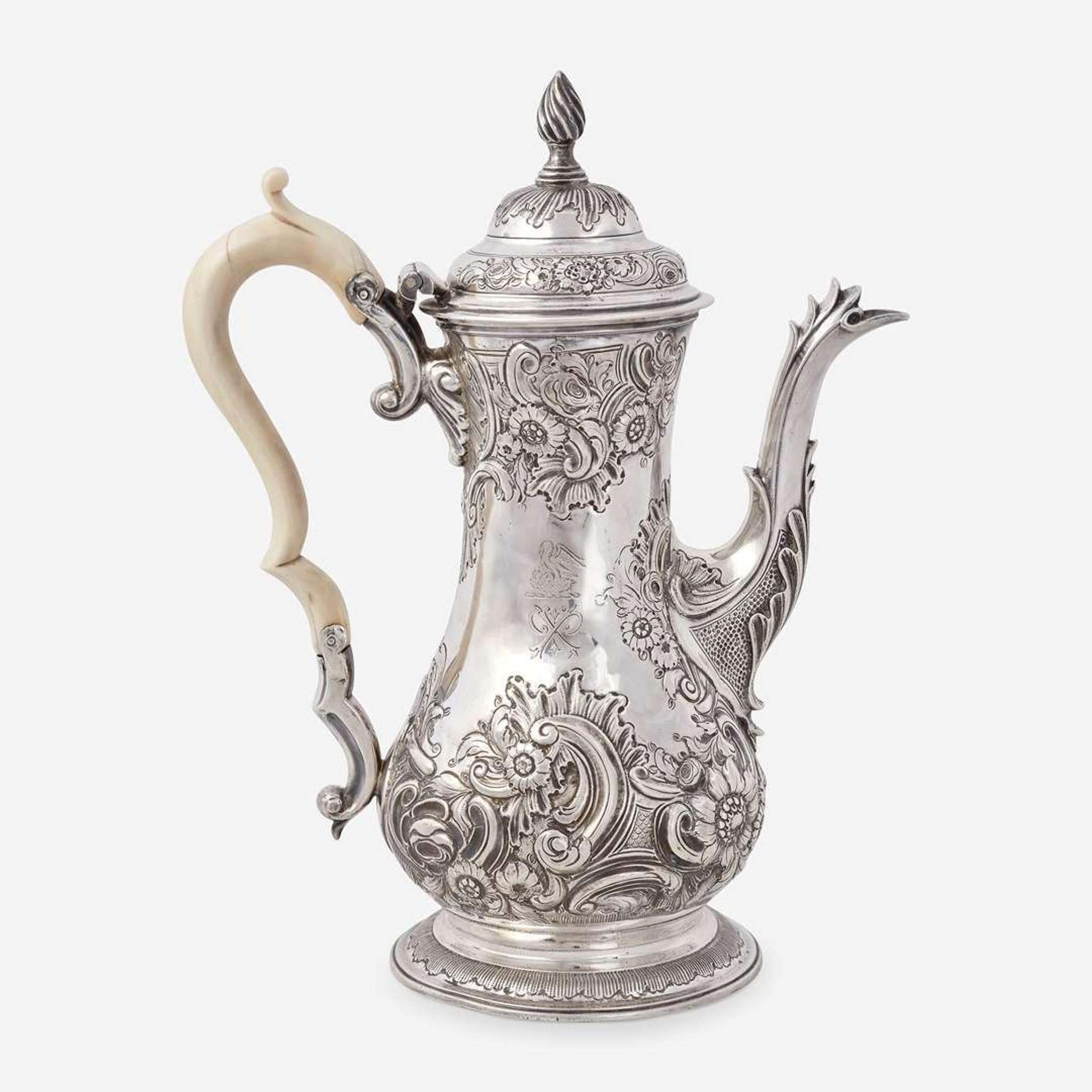 A George III Sterling Silver Armorial Coffeepot Probably John King, London, 1768