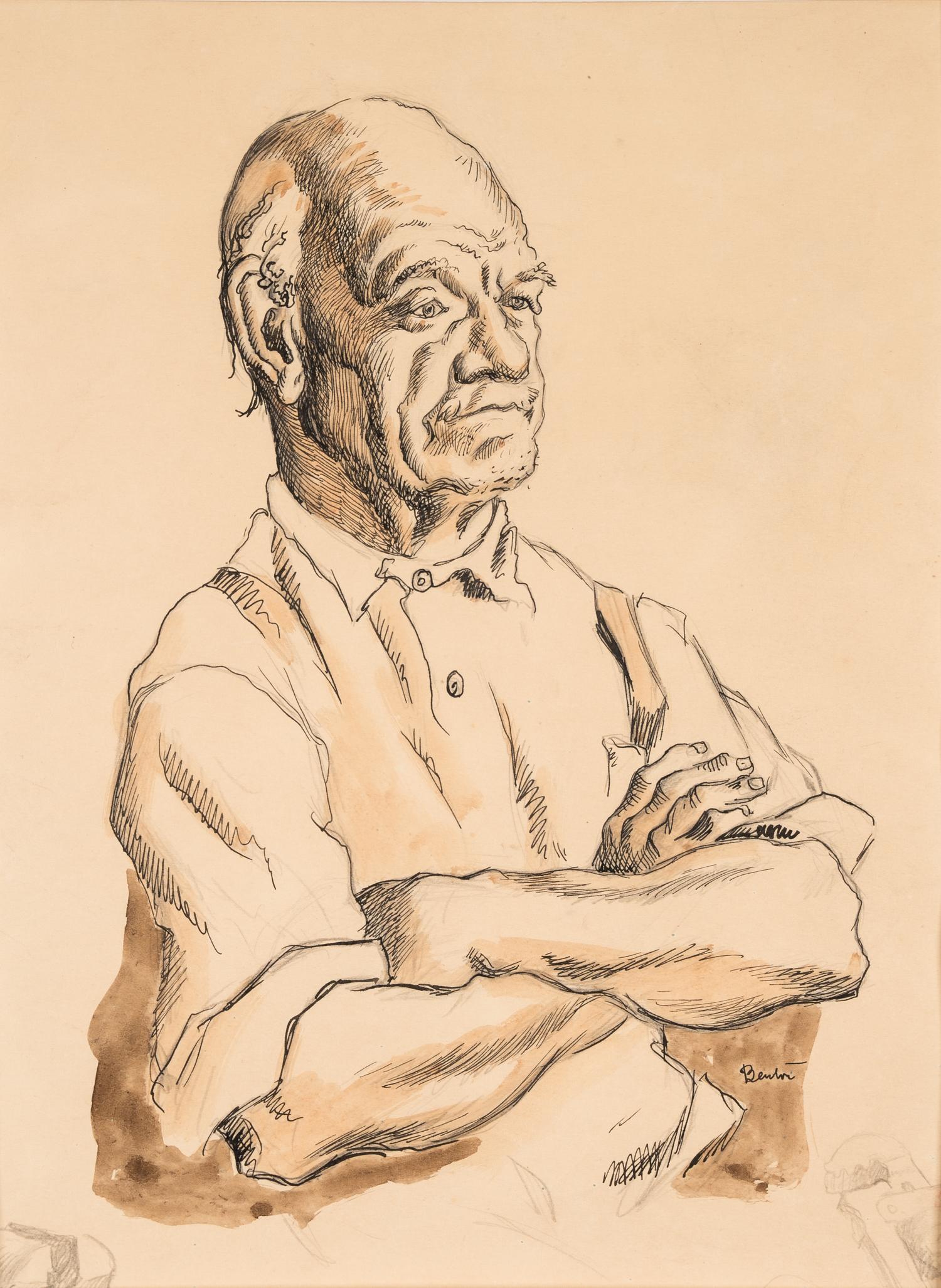 Man with Crossed Arms, with sketches of a vise-grip and a vise in the margins