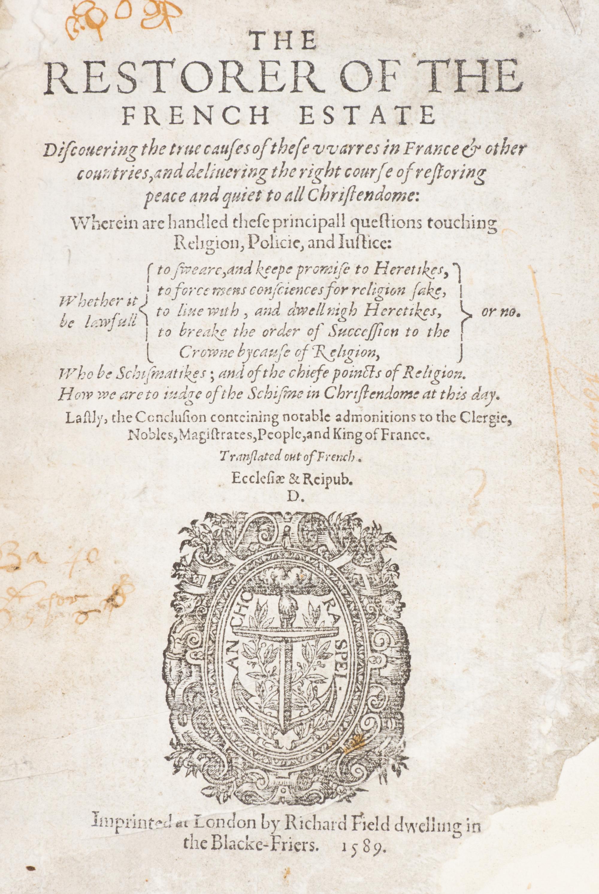 MARMONTEL, J.F. The Restorer of the French Estate. London, 1589.