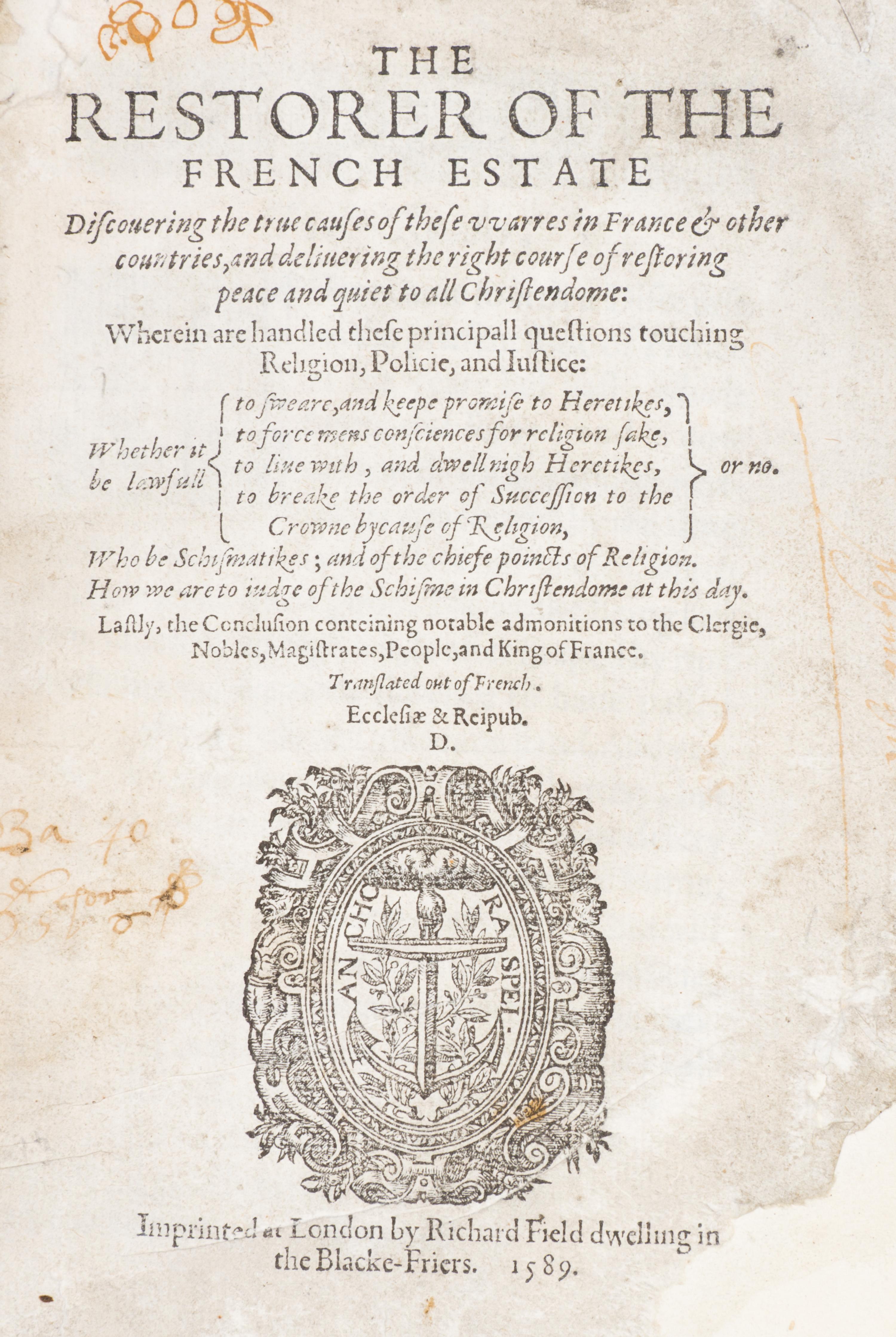 MARMONTEL, J.F. The Restorer of the French Estate. London, 1589.