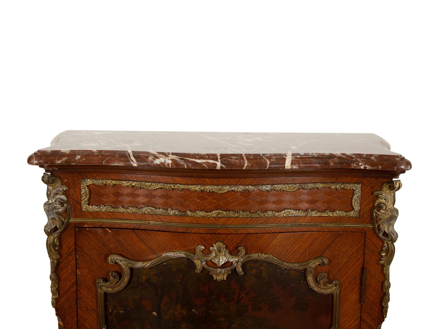 A Louis XV Style Gilt Bronze Mounted Parquetry and Vernis Martin Marble-Top Cabinet