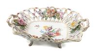 A Dresden Porcelain Reticulated Basket Height 3 x width 10 3/4 x depth 9 1/2 inches