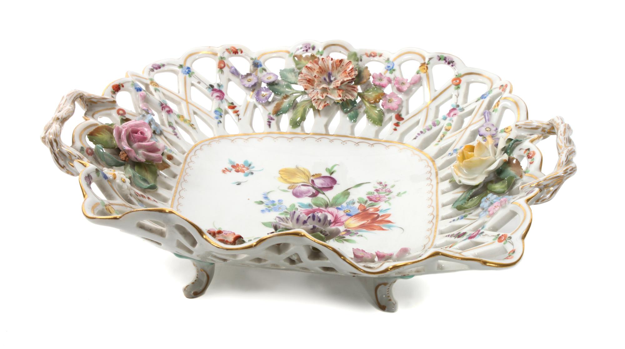 A Dresden Porcelain Reticulated Basket Height 3 x width 10 3/4 x depth 9 1/2 inches