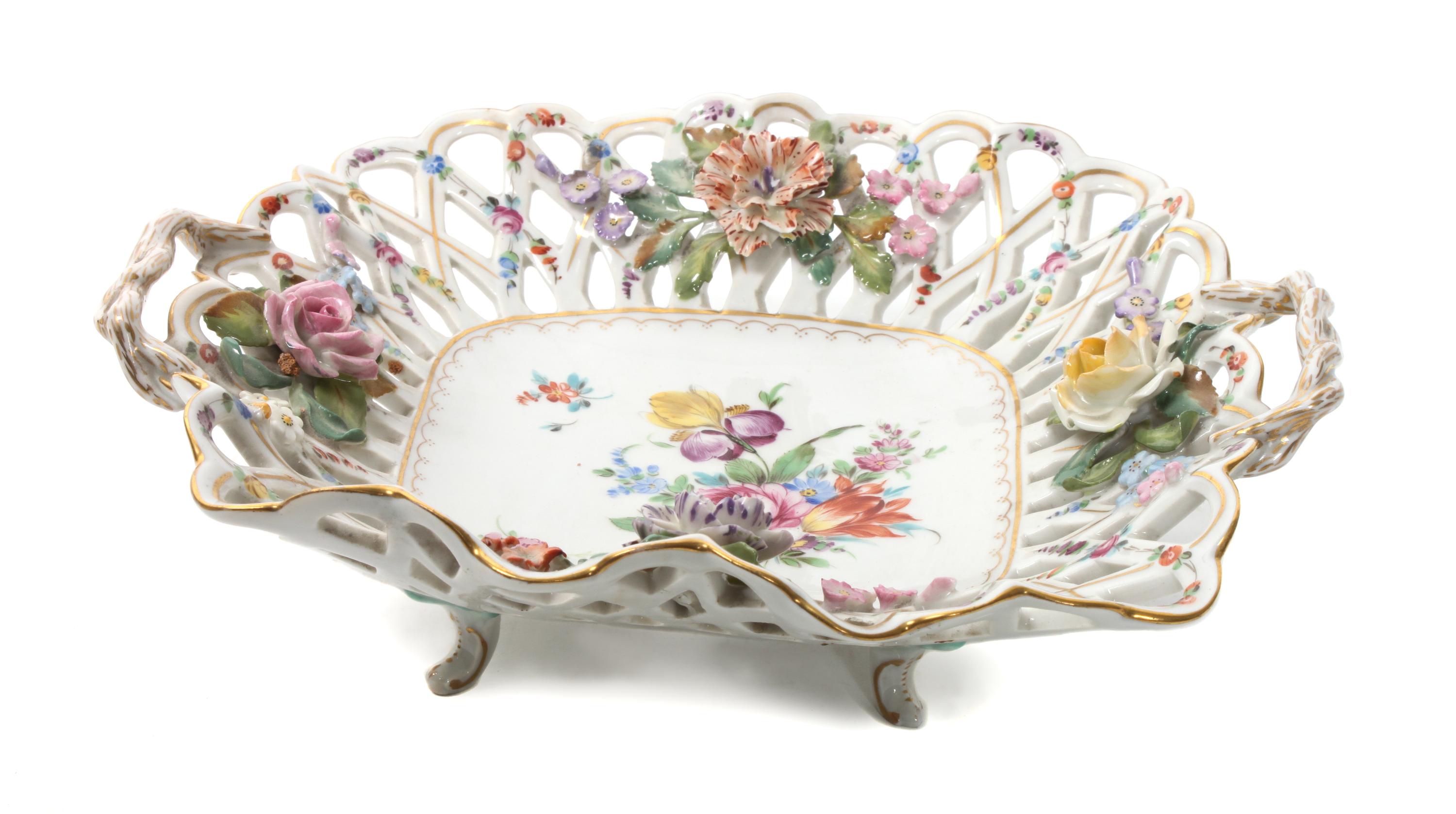 A Dresden Porcelain Reticulated Basket Height 3 x width 10 3/4 x depth 9 1/2 inches