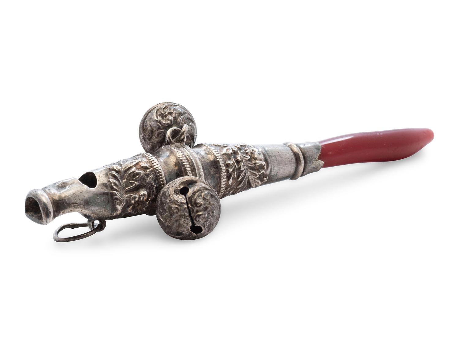 A Georgian Silver and Coral Baby Rattle and Whistle