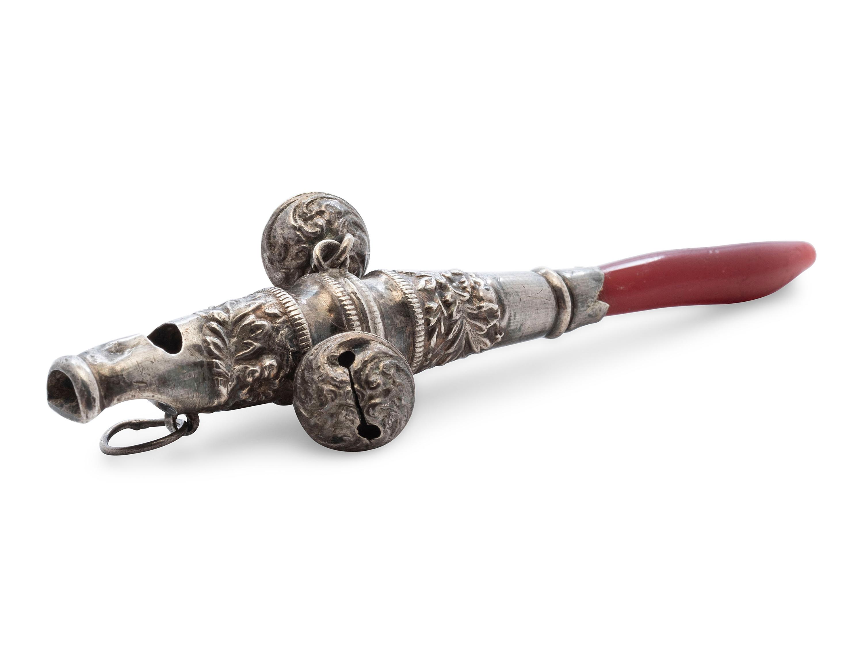 A Georgian Silver and Coral Baby Rattle and Whistle